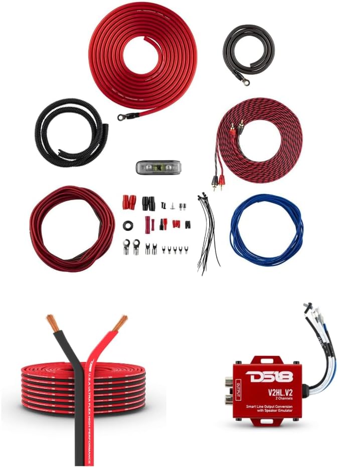 DS18 Car Audio Wiring & Integration Bundle - Speaker Wire, Amplifier Installation Kit and Hi/Lo Converter 2-Channel