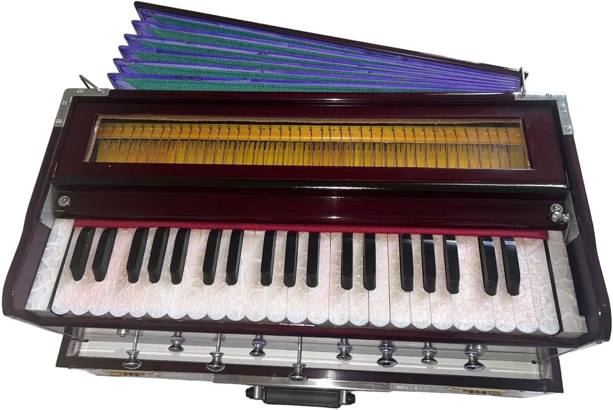 Folding Harmonium Instrument, 9 Stopper, Rosewood Color, 3 1/2 Octave, Coupler, Indian Musical Instrument