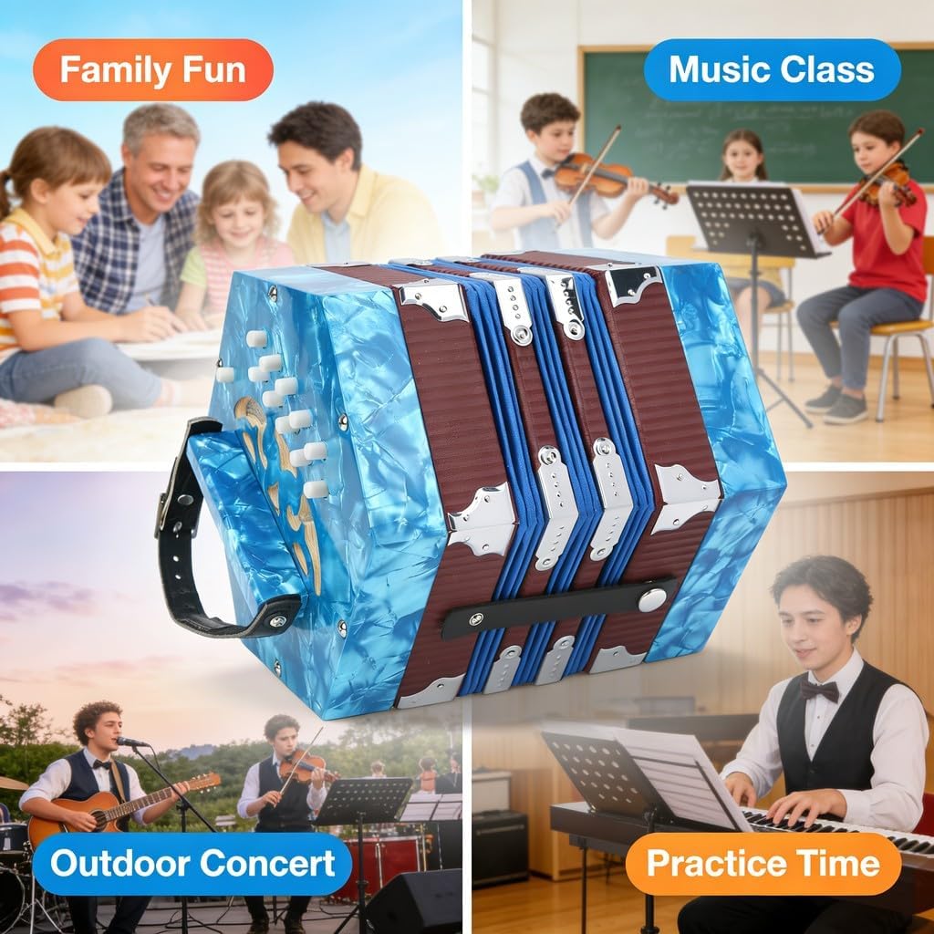 Concertina Accordion Portable Wood Instrument Royal Blue, Adjustable Hand Strap, Beginner Friendly - Professional Craftsmanship, Compact Design, Ideal for Adults and Students (Blue)