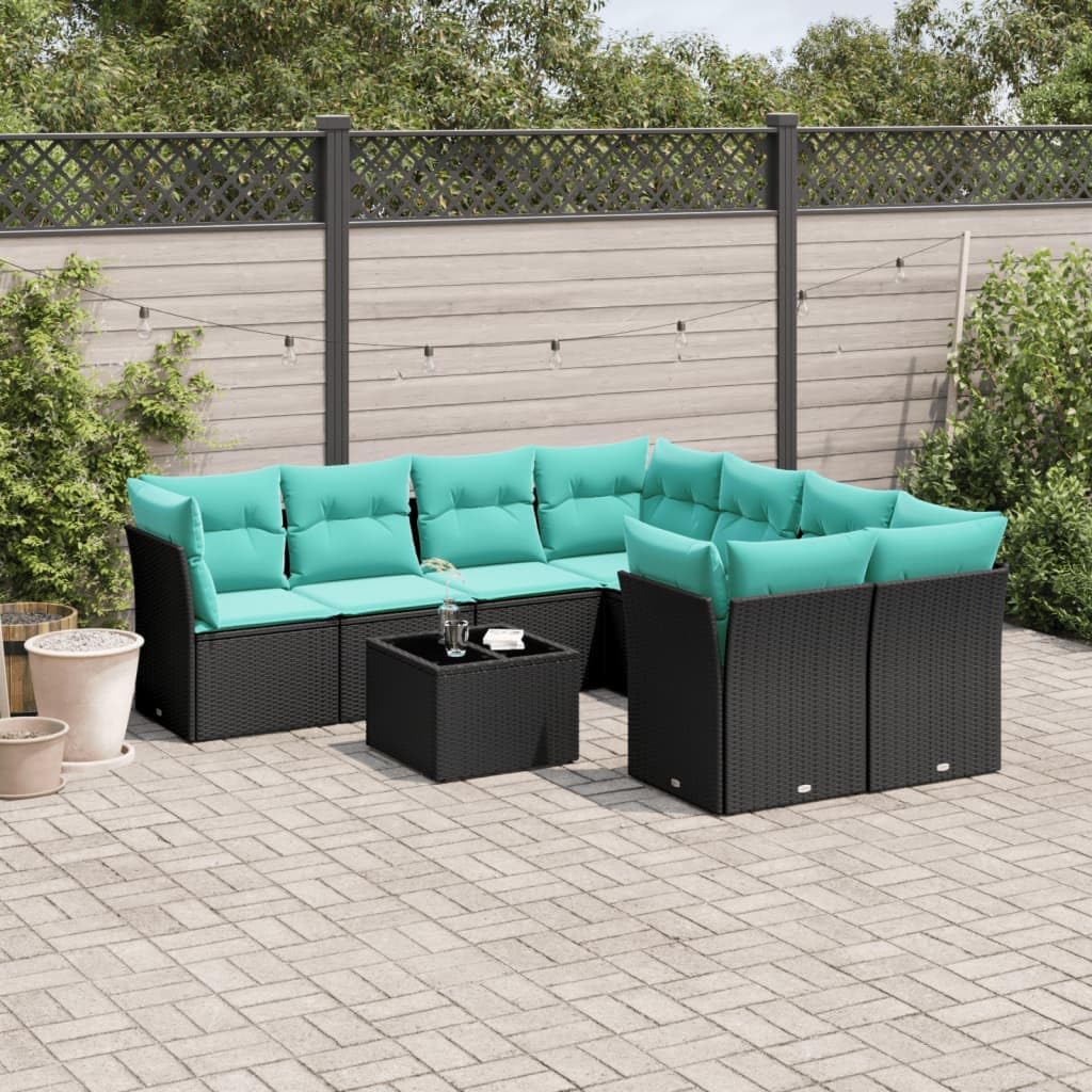 9 Piece Patio Sofa Set, Black Poly Rattan Outdoor Furniture with Blue Cushions, Storage, Tempered Glass Table, UV-Proof for Garden, Balcony
