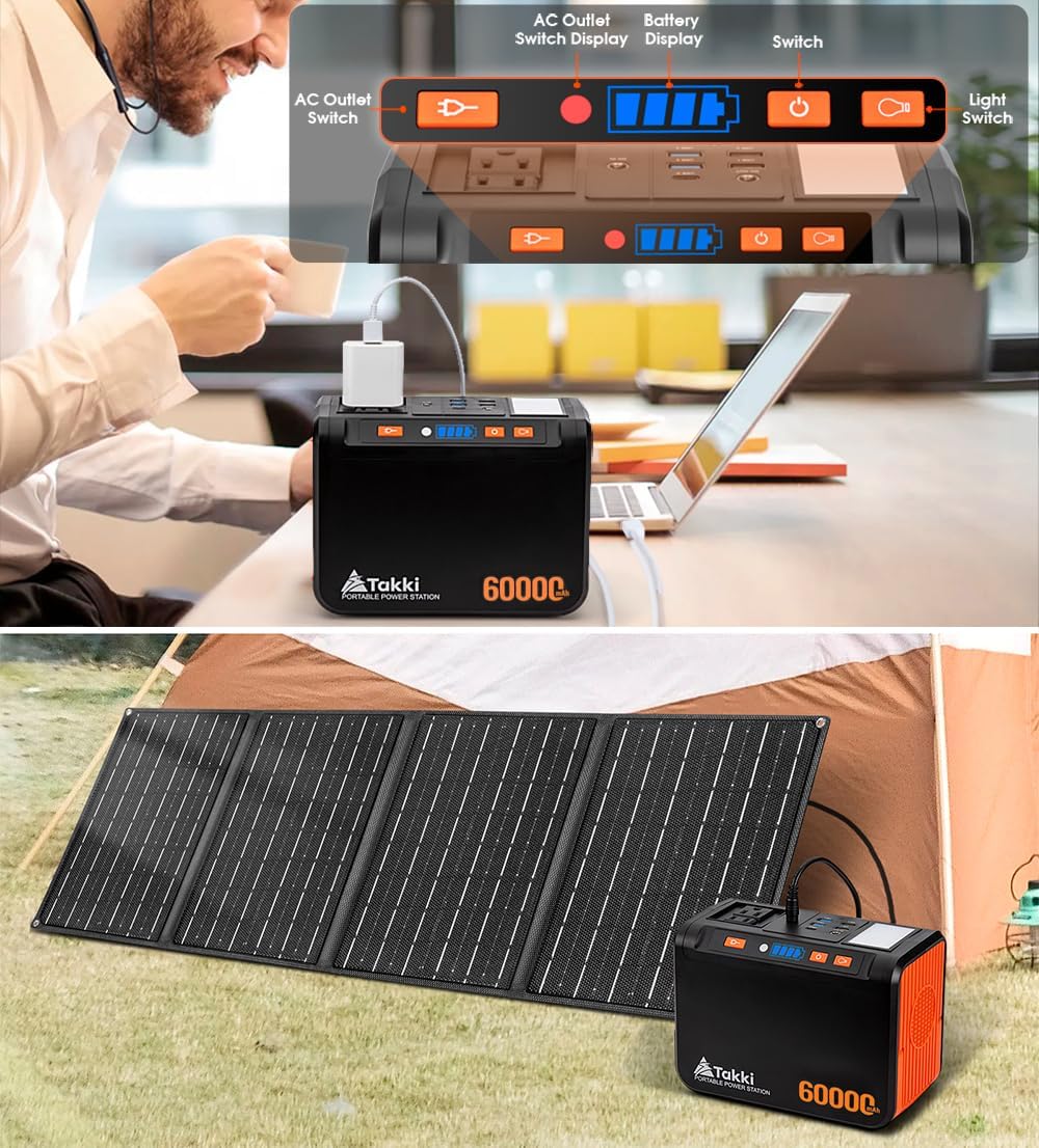 Takki Solar Generator 250W Portable Power Station with 40W Solar Panels 222Wh Pure Sine Wave Camping Lithium Battery Power Bank with AC 110V Outlet for Camping CPAP Home Use Emergency Outdoor