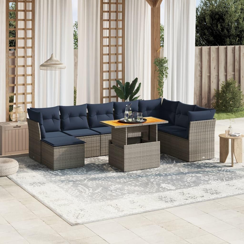 9 Piece Patio Sofa Set with Cushions, Gray Poly Rattan Outdoor Furniture, Adjustable Dining Table, Modular Design, Weather-Resistant for Backyard Terrace