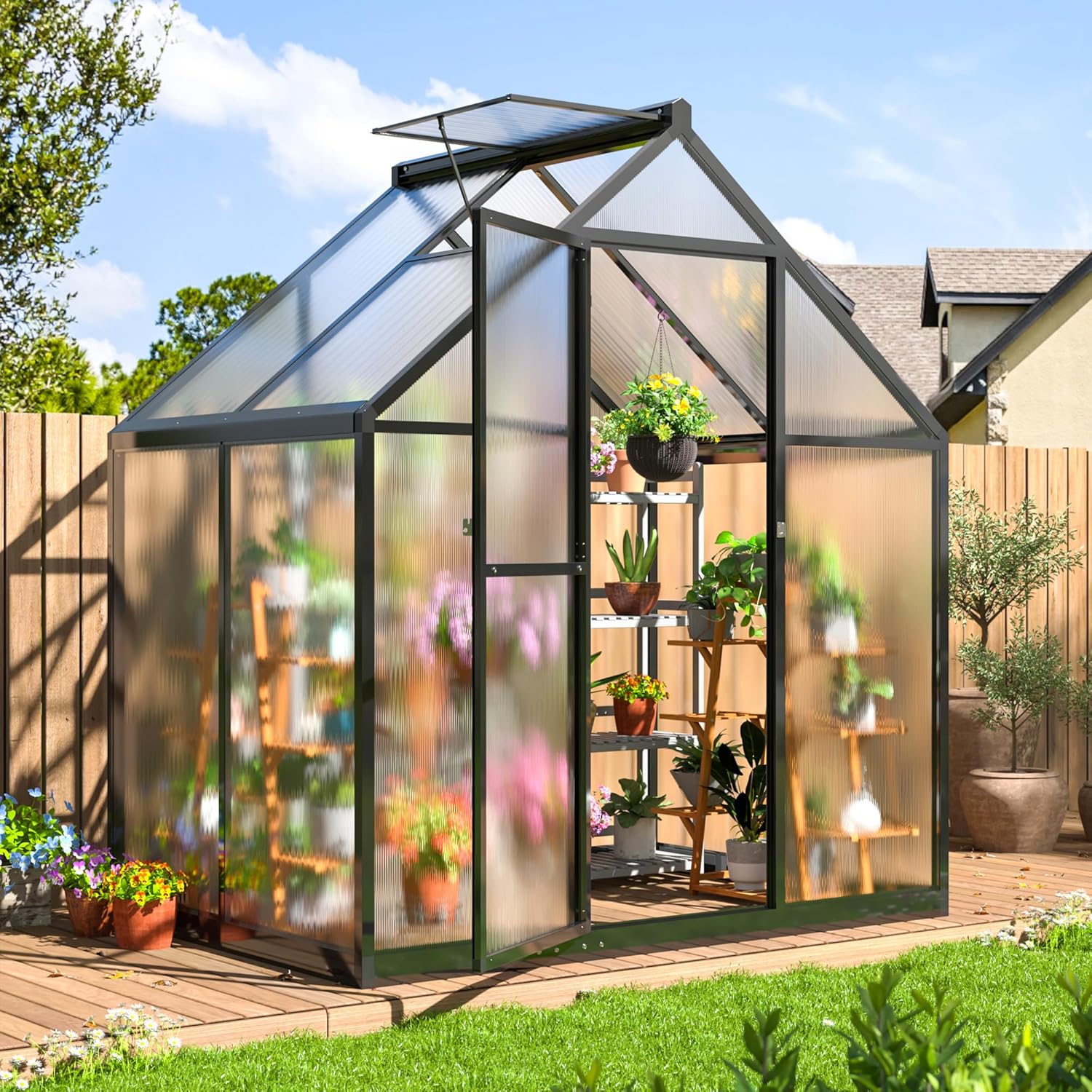 VIWAT 4x6 FT Greenhouse for Outdoors, Polycarbonate Greenhouse with Quick Setup Structure and Roof Vent, Aluminum Large Walk-in Green House for Outside Garden Backyard, Black