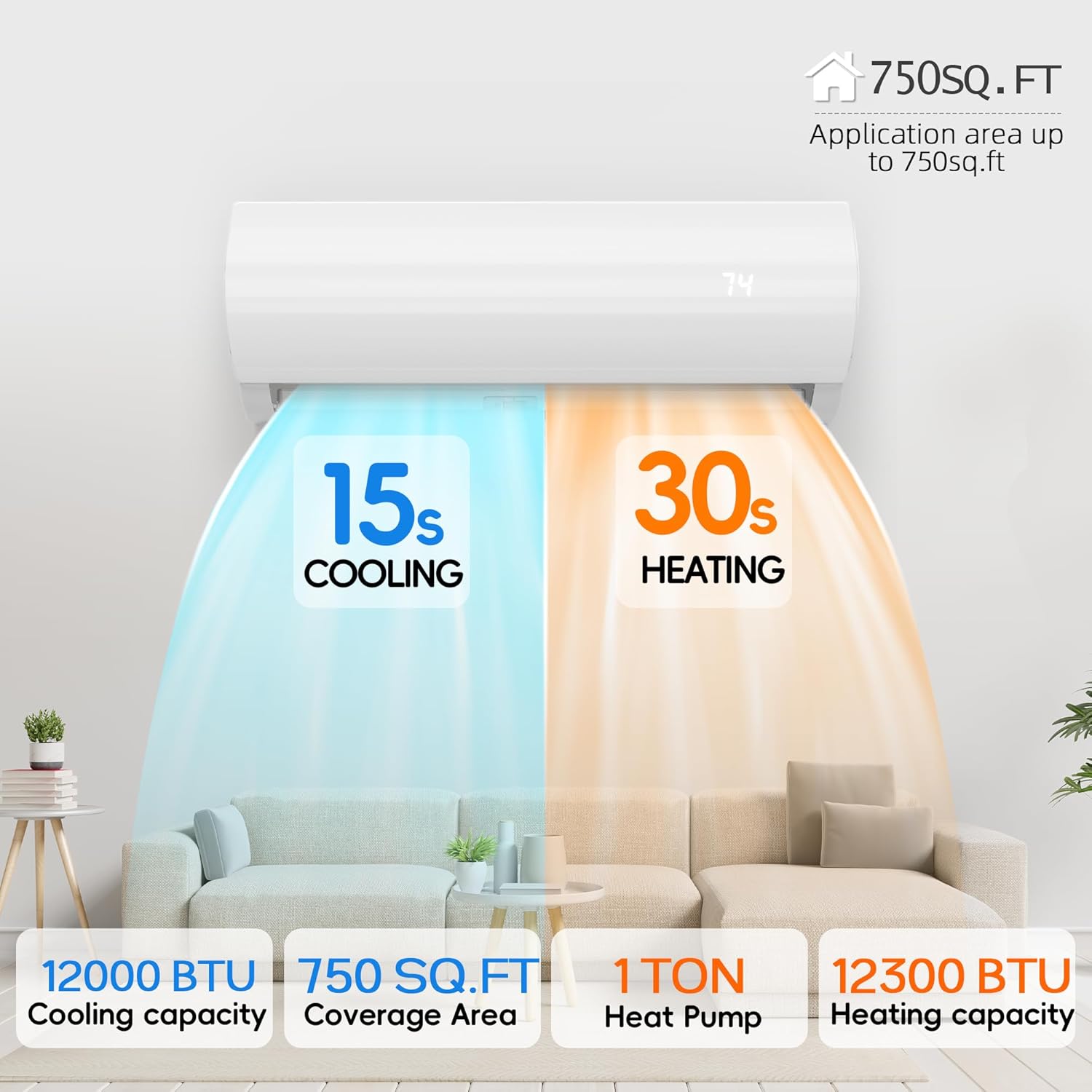 12000BTU Mini Split Air Conditioner Heat Pump, 19 SEER2 Inverter Compressor AC Unit Cools Rooms up to 750 Sq. Ft, 230V Ductless Split AC with Pre-Charged Condenser & Installation Kit