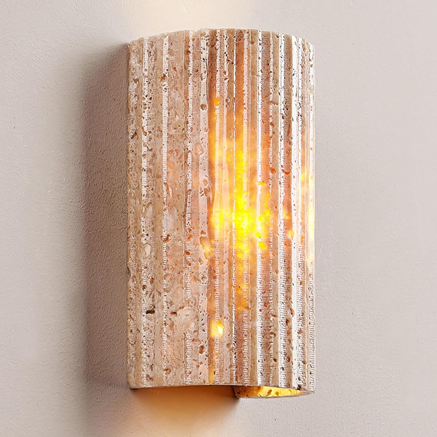 Outdoor/Indoor Natural Stone Wall Lamp, Half-Cylinder Desgin Yellow Travertine Wall Sconces, Exterior IP65 Waterproof Wall Mounted Lamp, Wabi-Sabi Art Decor Wall Light for Entryway Hallway
