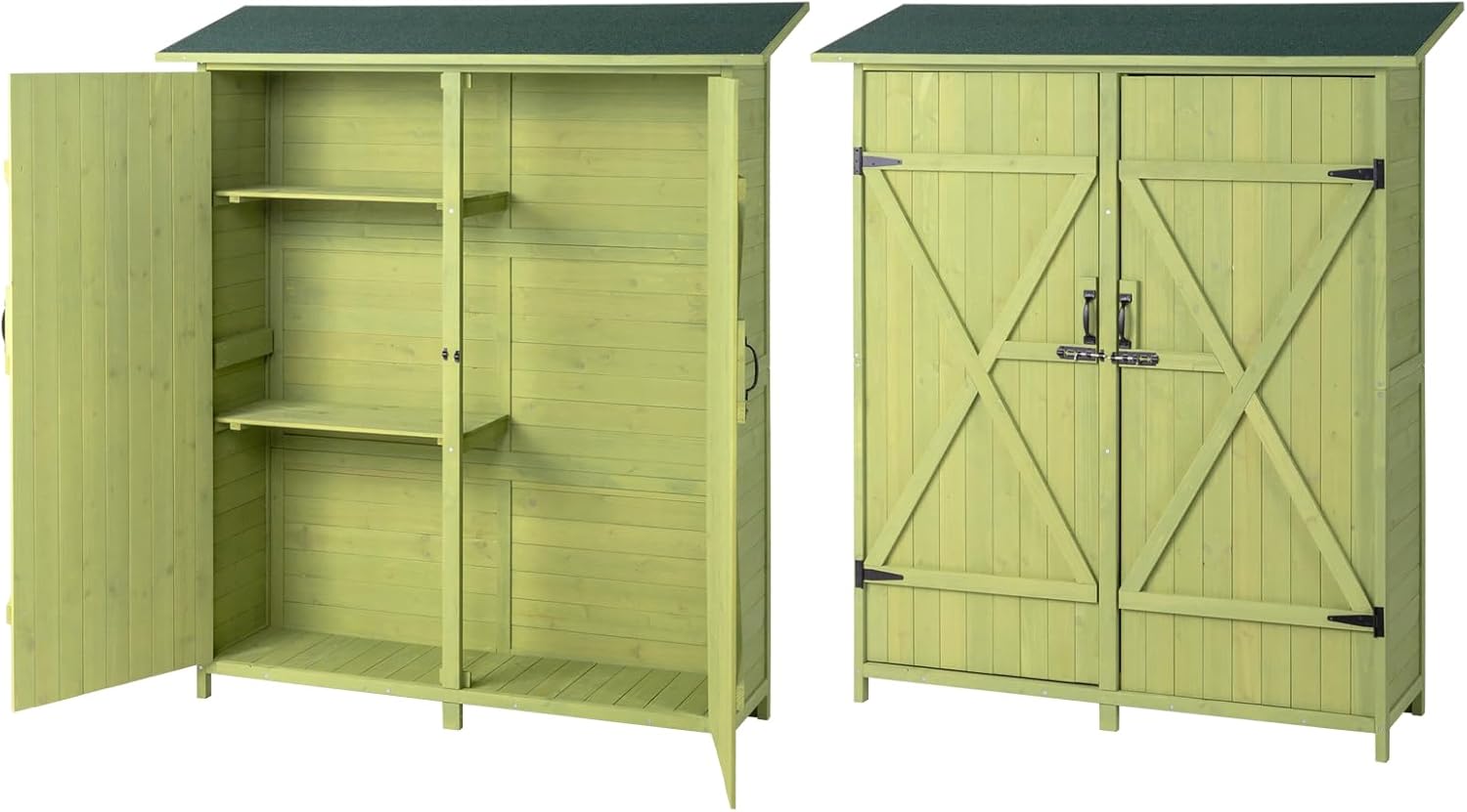 Green Tool Shed Outdoor Storage Cabinet, Garden Wood Tool Shed, Outdoor Storage & Housing Storage Sheds Outside Wooden Shed for Yard, Patio, Deck and Porch Outdoor Cabinet Multifunctional Storage Shed