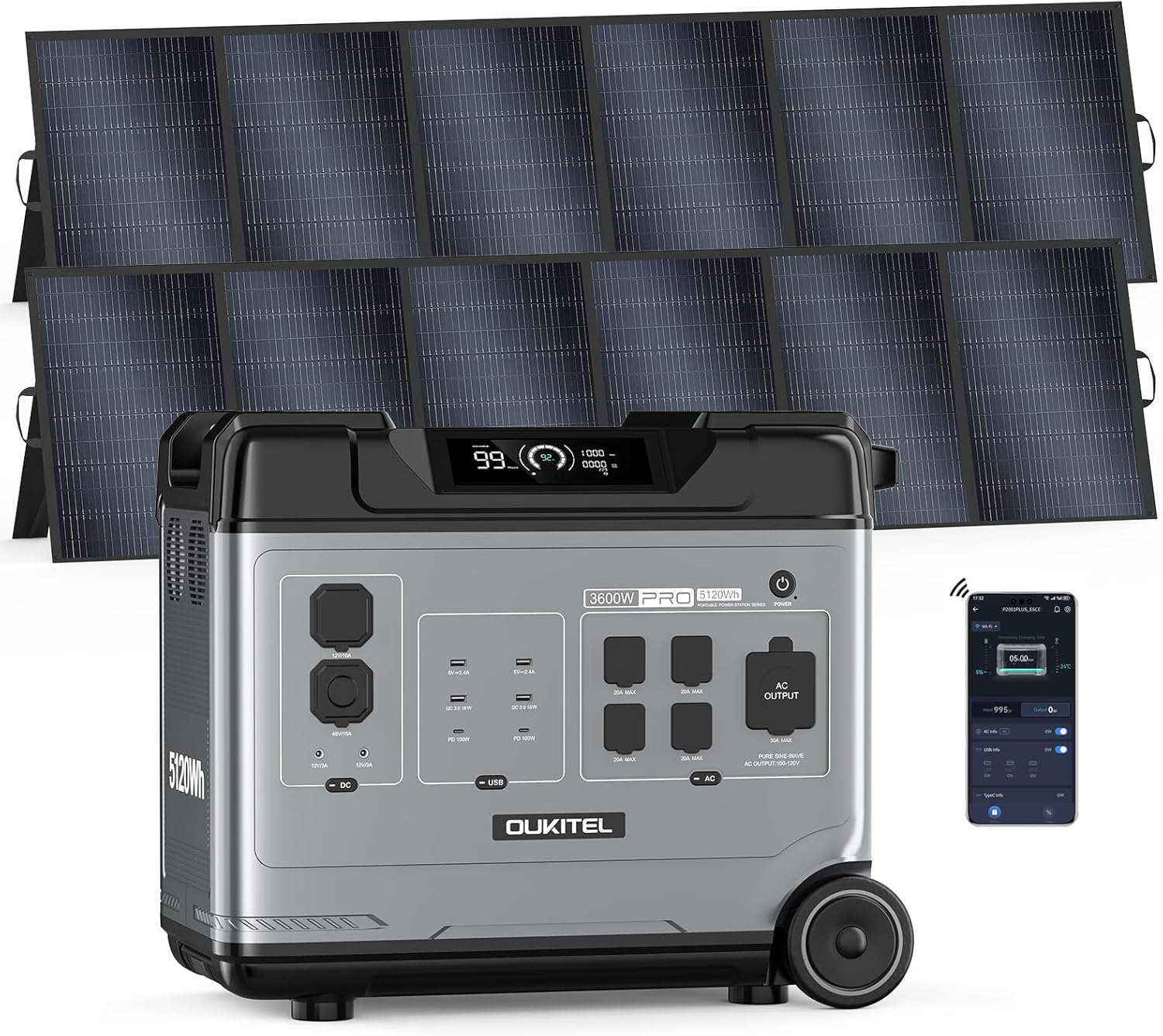 OUKITEL 5120Wh Power Station with 2x500W Solar Panels (2025 NEW), P5000 Pro Large Capacity Solar Generator, 5x3600W AC Output (6000W Peak), 1800W Fast Charging, 1000W MPPT Solar for Home Backup, RV