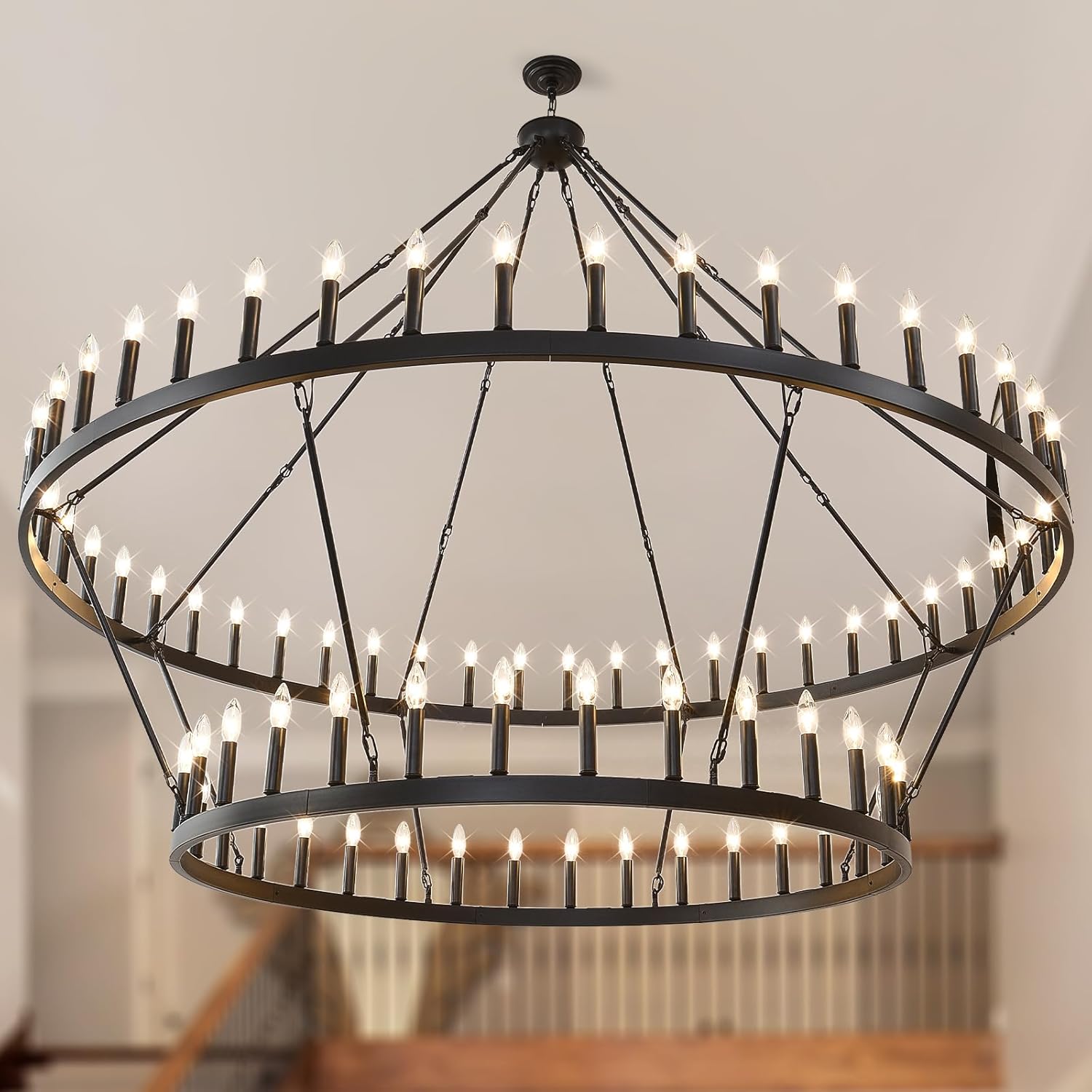 80-Inch Black 2 Tier Wagon Wheel Chandelier, 80-Light Double Tier Extra Large Foyer Lighting, Candle Industrial Round Iron Chandelier for High Ceilings, Dining Room, Entryway, E12