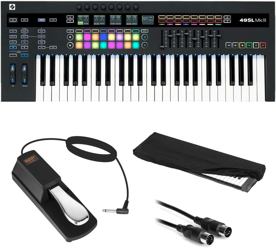 Novation SL MkIII 49-Note MIDI and CV Keyboard Controller/Sequencer with Sustain Pedal (Piano Style), Keyboard Cover & MIDI Cable Bundle