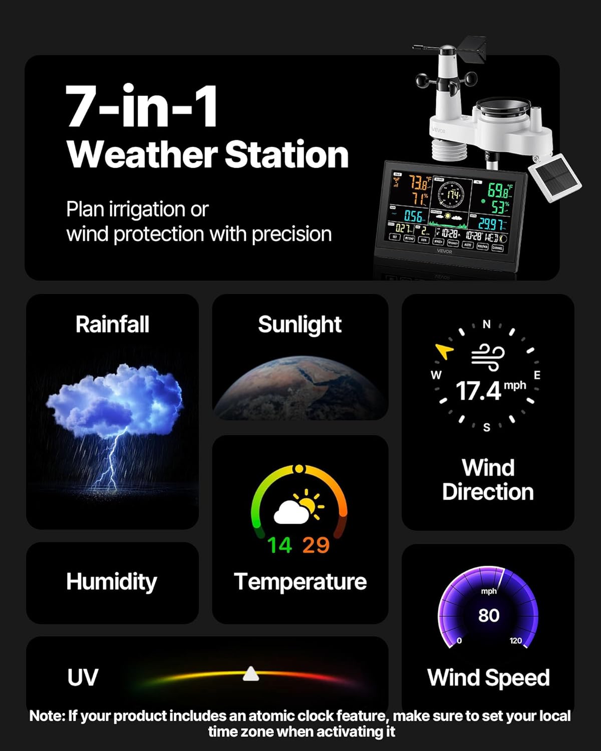 VEVOR 7-in-1 Wireless Weather Station, 7.5-Inch VA Display, Solar Powered Outdoor Sensor, Rain Gauge, Indoor Outdoor for Weather Forecast, Temperature, Humidity, Wind Speed and Direction (No WiFi)