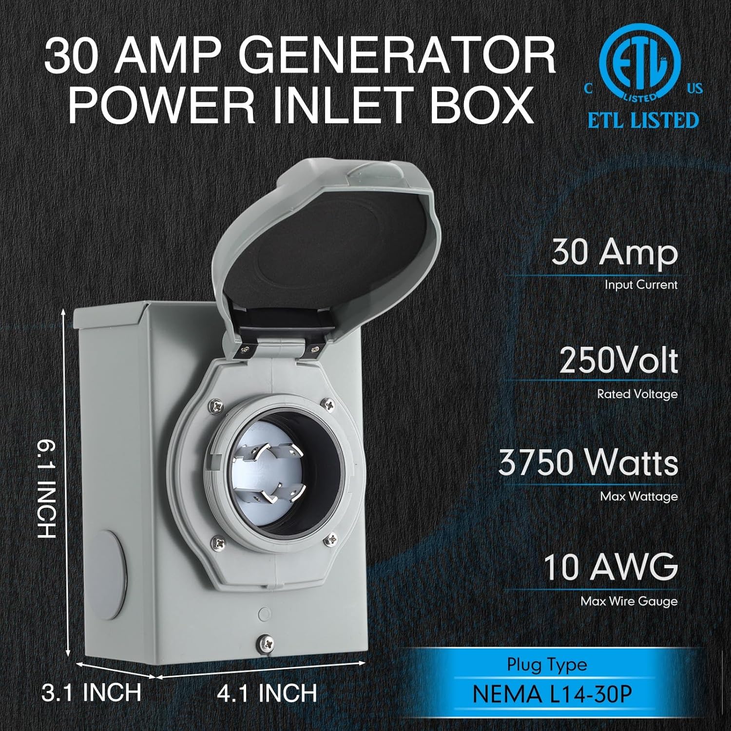 Kanayu 25 FT 30 Amp Generator Cord and Pre-Drilled Power Inlet Box Compatible with NEMA TT-30P to L14-30R, 3 Prong to 4 Prong Generator Plug Adapter, RV to House Inlet Box, STW 10 AWG, ETL Listed