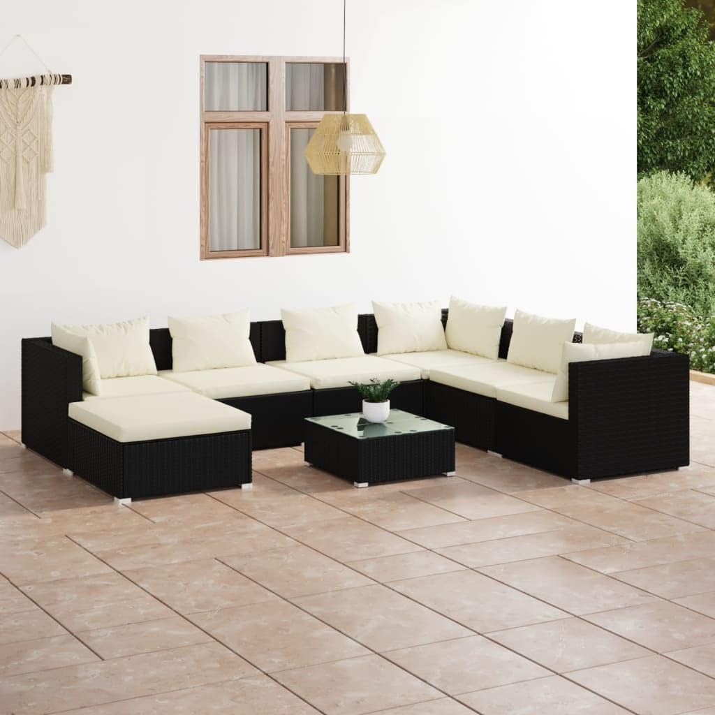 8 Piece Patio Lounge Set with Cushions Poly Rattan Black,Elegant Poly Rattan Patio Lounge Set with Cushions for Relaxing Gatherings Furniture Sets for Patio, Lawn & Garden