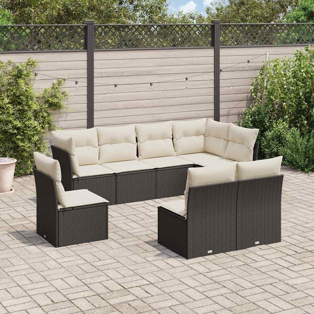 Large Modular Garden Sofa Set, Black PE Rattan Outdoor Furniture, 8-Piece Patio Dining Set with Cushions, Weather-Resistant Balcony Furniture