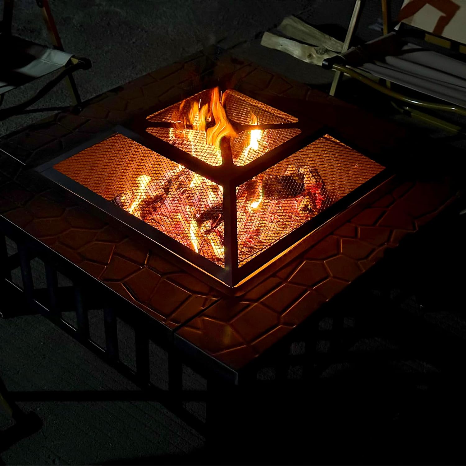 32 Inch Fire Pit Table with Fire Poker & Spark Screen, Outdoor Burning Fire Pits, 3 in 1 Metal Square Firepit Stove for Outside Heating, Bonfire Party, Camping, Backyard, Patio, Garden