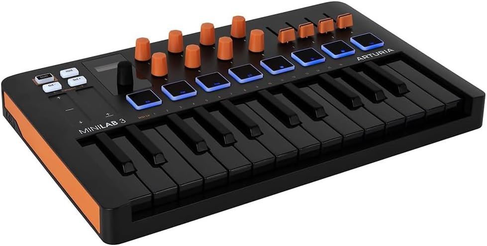 Arturia MiniLab 3 25 SlimKey Controller Bundle with 3ft Pig Hog MIDI Cable & Polishing Cloth– Orange, USB-MIDI Keyboard, 8 RGB Pads, 8 Encoders, Faders, DAW Integration, Software for Music Production