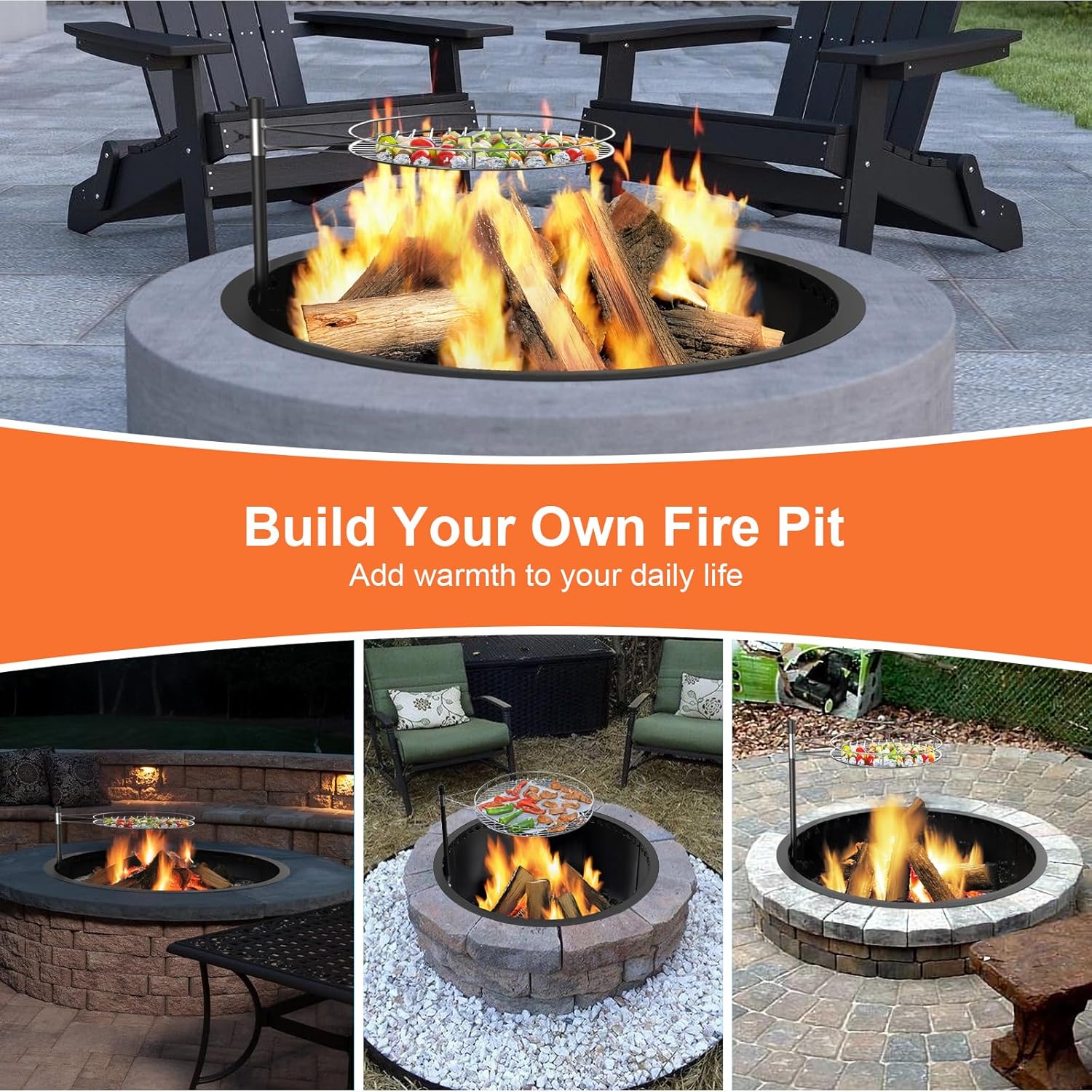 36inch Fire Pit with Grill, DIY Smokeless Firepit Bowl Metal Fire Rings for Outside, Large Round Smokeless Firepit Insert, Heavy Duty Carbon Steel Fire pits for Camping and Patio