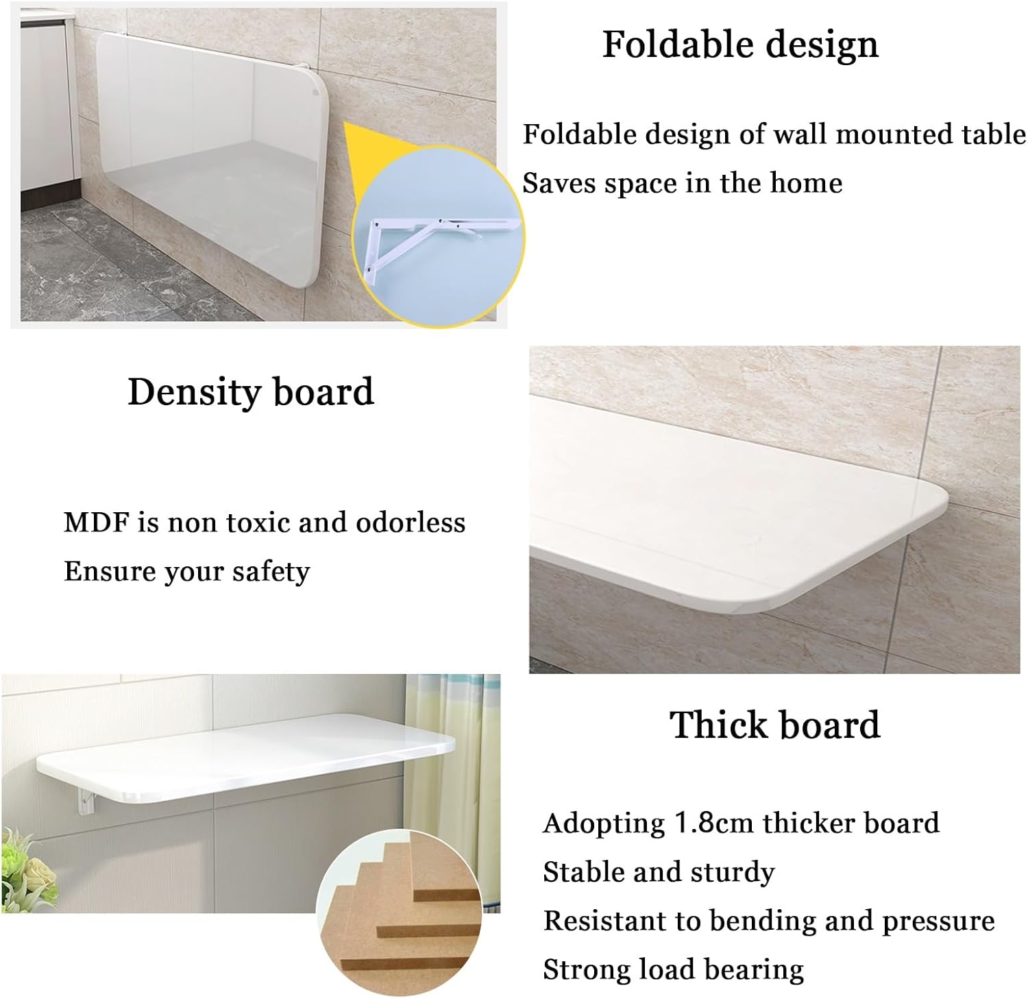 Wall Mounted Folding Desk Collapsible Floating Work Table for Kitchen Sewing Station Laundry Room Handicraft Production Space-Saving Design White (90x20cm)