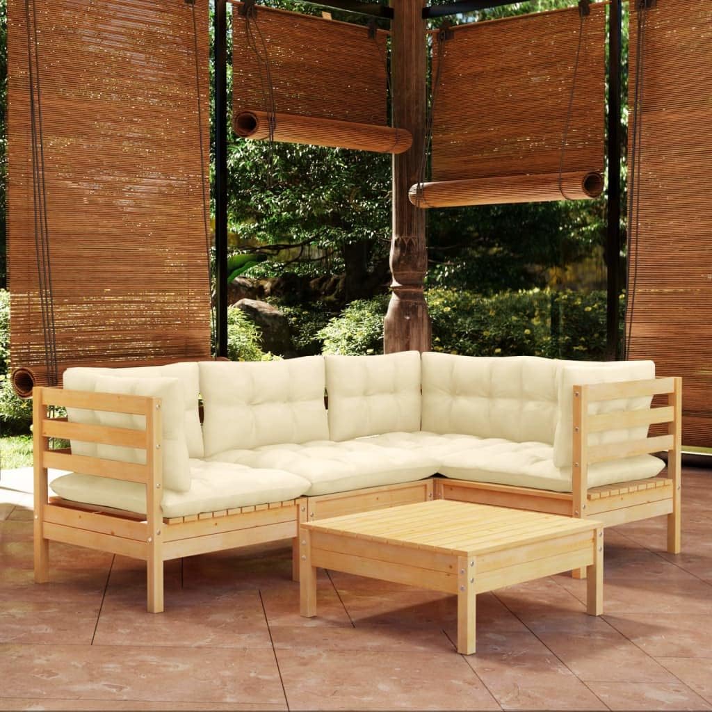 5 Piece Patio Lounge Set with Cream Cushions Pinewood,Wooden Patio Lounge Set for Relaxation and Entertainment Patio Furniture Sets, Outdoor Furniture Sets