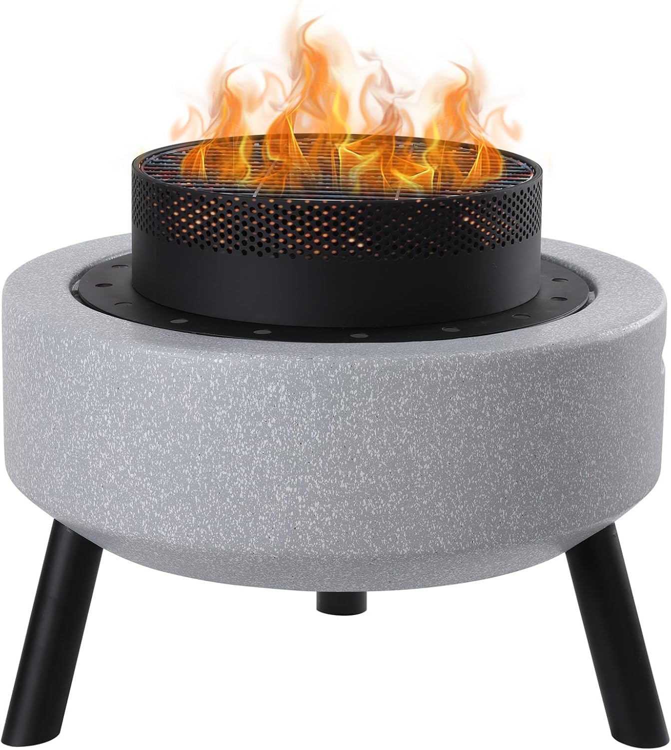 Outdoor Round Fire Pit 25” Faux Concrete Burning Firepit Portable Tripod Charcoal Grill for Patio Garden Backyard Barbecue, with Spark Screen, Firebowl, Poker, Stainless Steel Rack