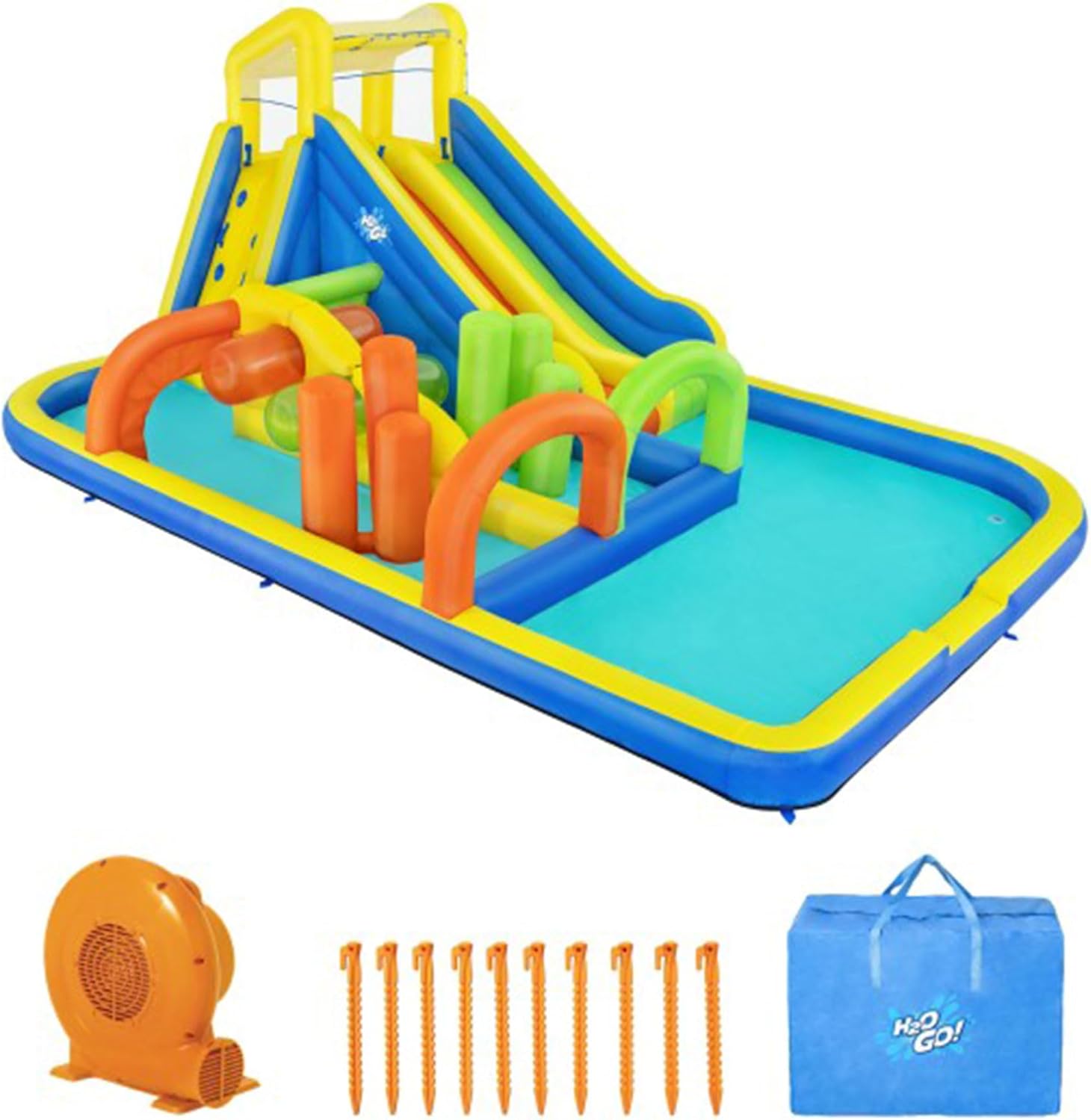Bestway H2OGO! AquaRace Kids Inflatable Outdoor Water Park with Dual Slides, Built-in Sprayer, Splash Pool, Storage Bag, & Air Blower for Quick Setup