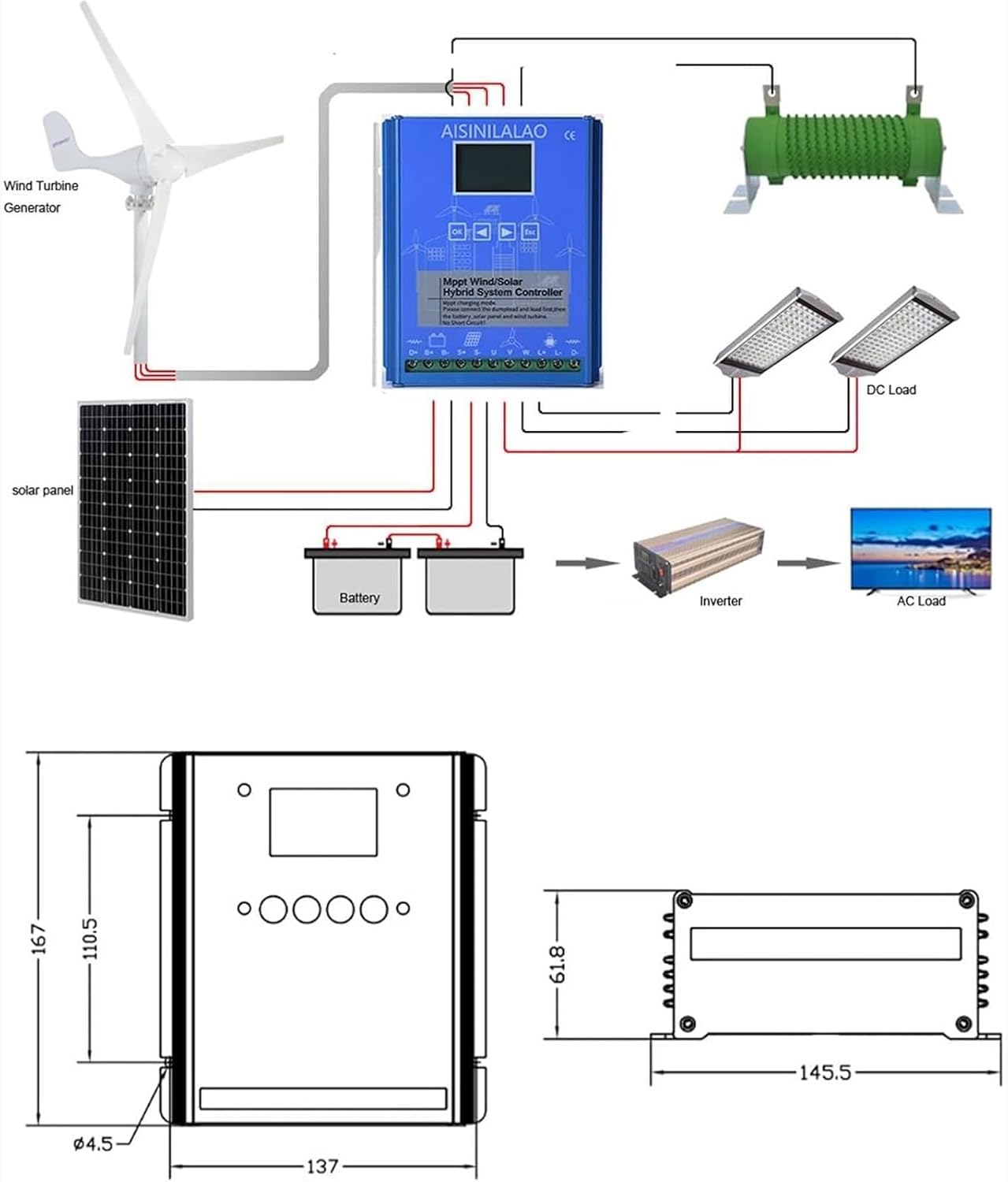 Wind-Solar MPPT Controller, 12V/24V/48V Voltage Detection, 12000W with LCD Display and Boost Charging for Home Or Off-Grid Systems(12v24v)