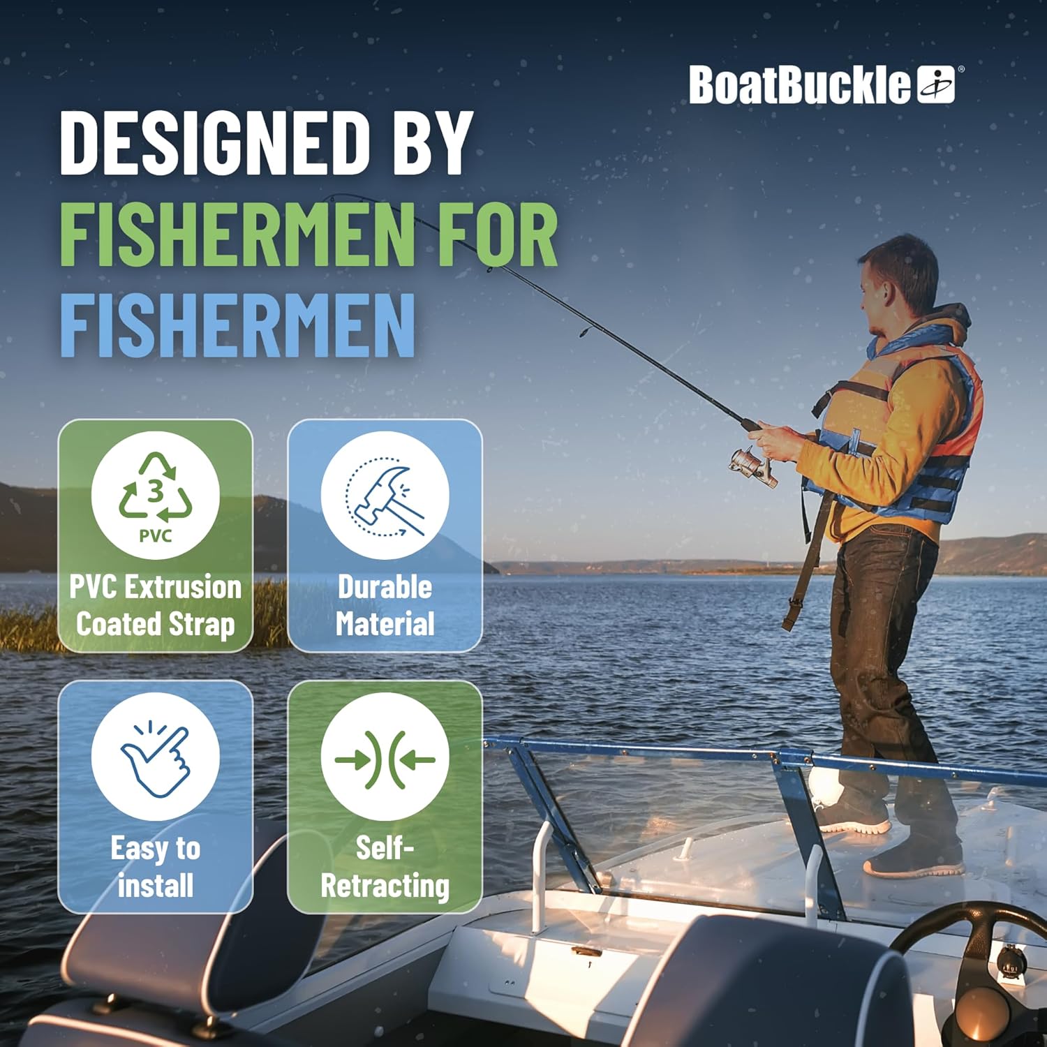 BoatBuckle Gunwale/Deck Mount Retractable Rod Tie-Down, 24-Inch Self-Retracting Fishing Rod Holder for Boats