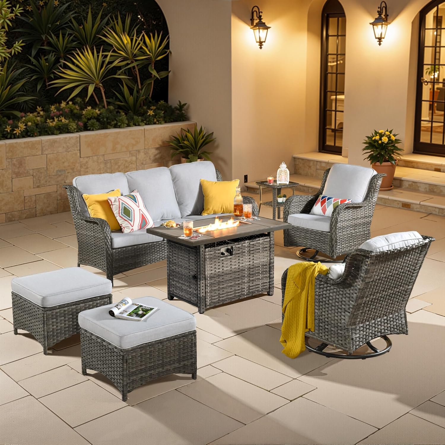 7 Pieces Patio Furniture Set with Fire Pit Table,Outdoor Furniture with Swivel Rocking Chairs,Outside Wicker Conversation Sets with Comfy Cushions,Grey