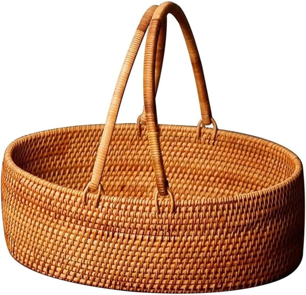 Rattan Picnic Basket, Portable Retro Picnic Hamper with Double Handles, Vegetable and Fruit Storage Basket for Outdoor Camping
