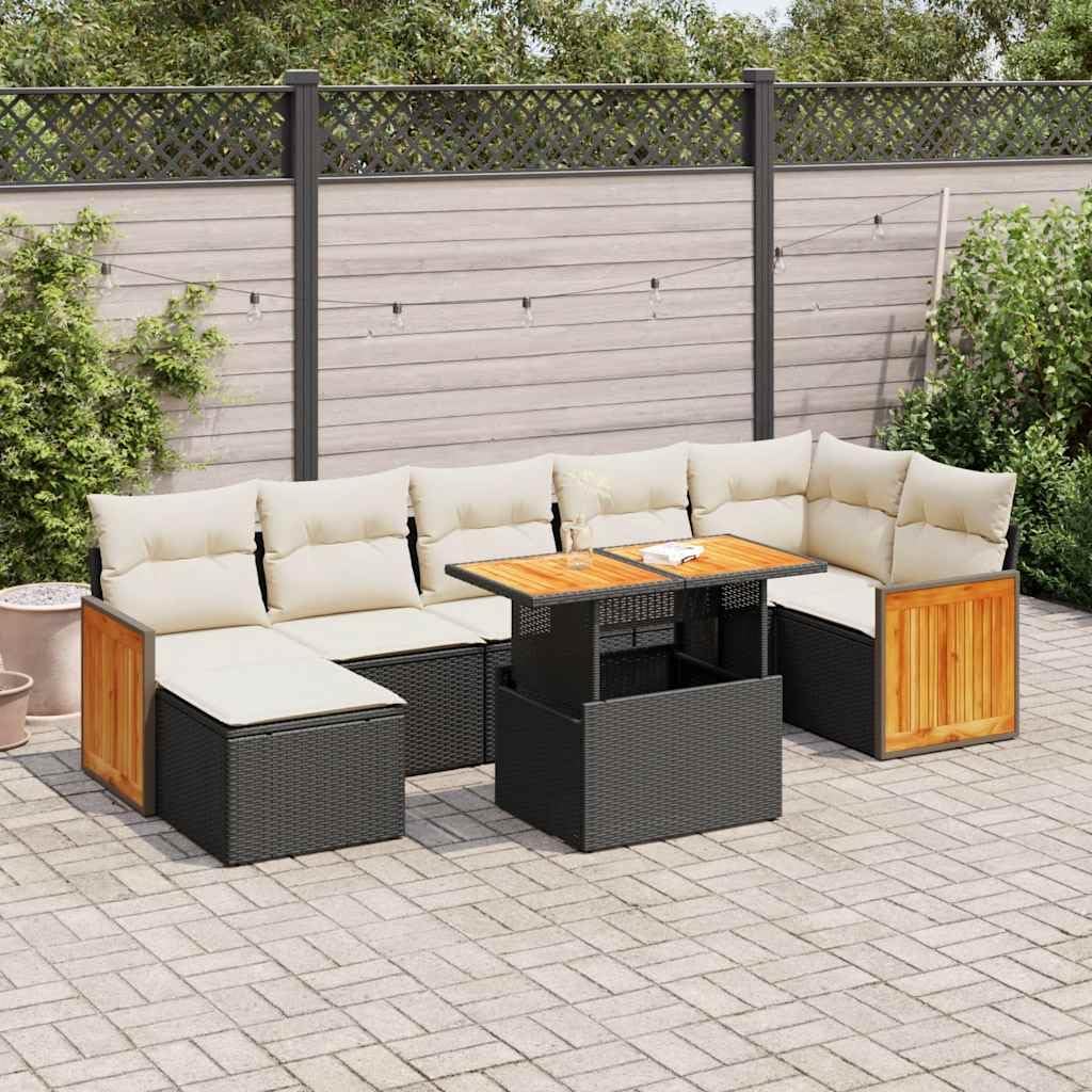 8-Piece Modular Garden Sofa Set with Hidden Storage, Black Poly Rattan and Acacia Wood Outdoor Patio Furniture, Weather-Resistant Design for Comfortable Lounging