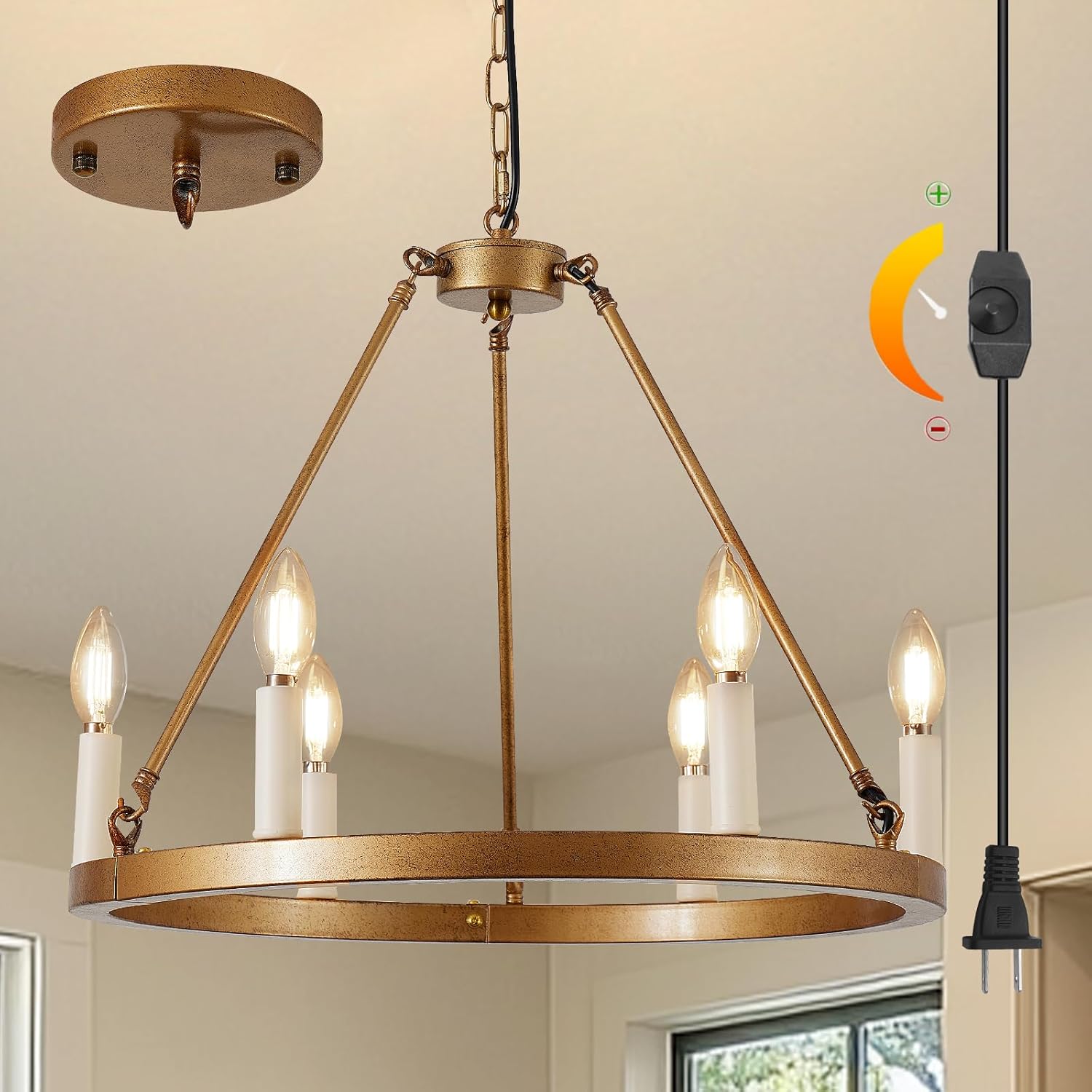 6 Lights DIMMABLE Plug in Wagon Wheel Chandelier, 20.5