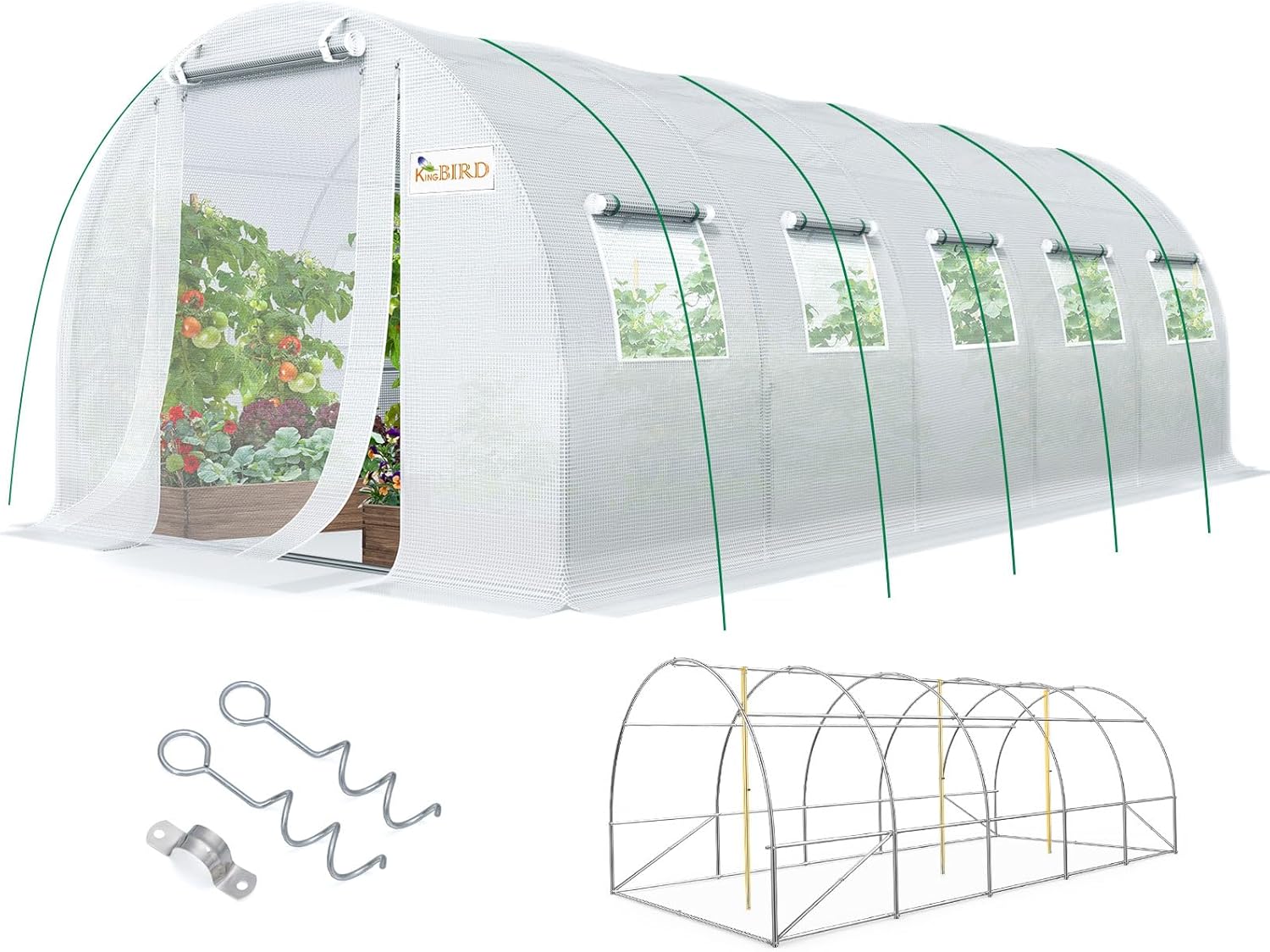 KING BIRD Premium 25x10x6.6FT Greenhouse for Outdoors, Large Walk-in Upgraded Galvanized Metal Frame, Mesh Door Screen Window Improved Zipper Tunnel Hoop for Garden Plant Winter, 2 Stiffeners, White
