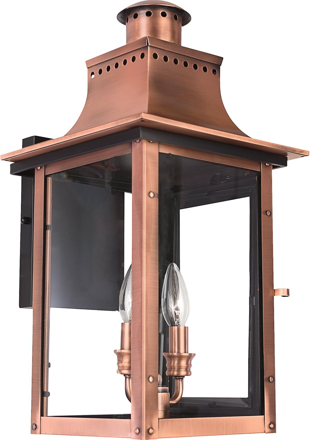 Quoizel Chalmers Outdoor Wall Lantern, 19 Inch 2-Light Aged Copper Vintage Wall Sconce, French Country Wall Light, Clear Glass, 60W Candelabra Bulb, Outside Lights for Patio, Porch, Garage or Yard