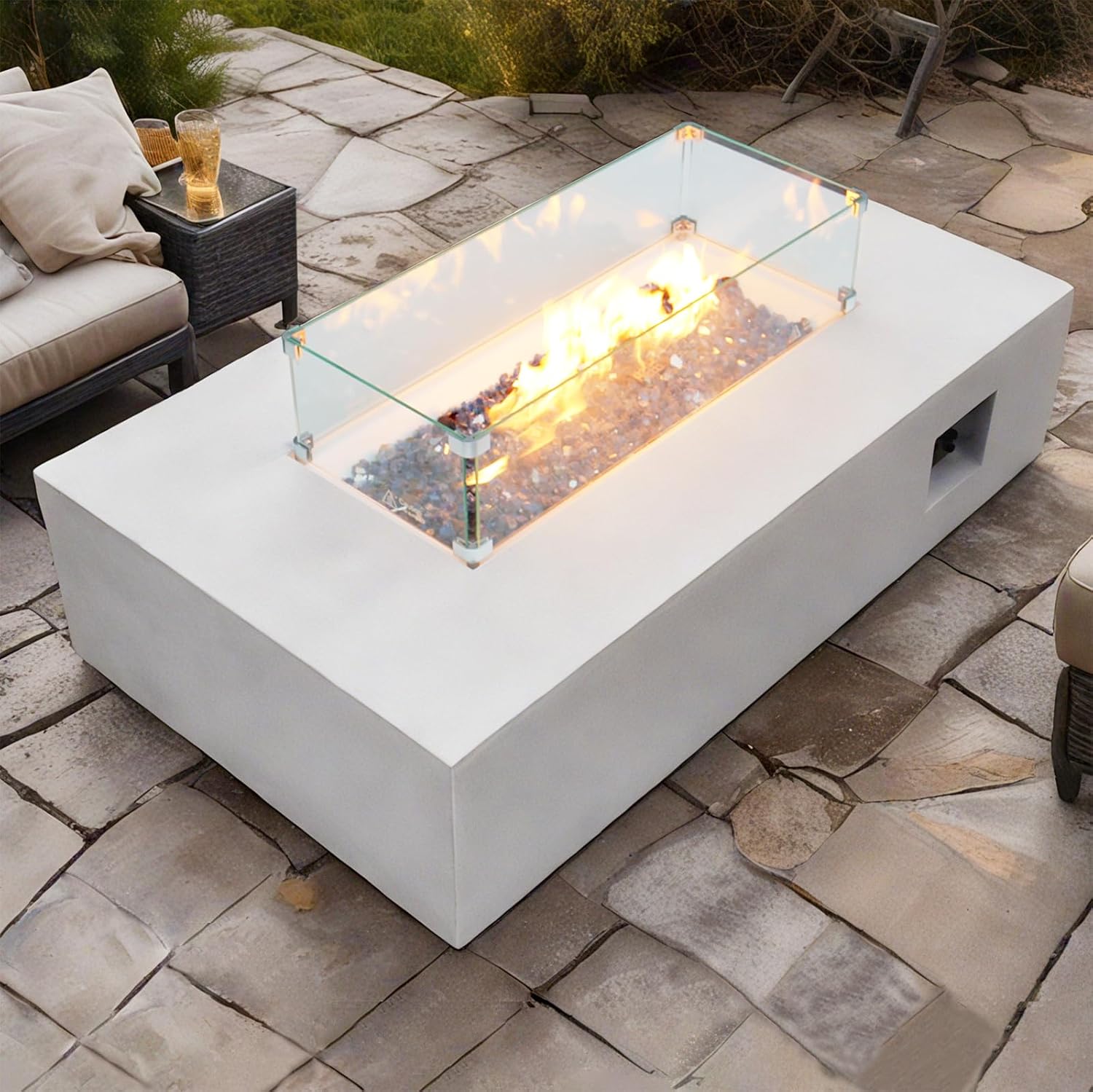 EXPLUX Outdoor Propane Gas Fire Pit Table 65,000 BTU 52-inch Concrete(GFRC) Rectangle Fire Pit for Outside Patio with 304 Stainless Steel Burner,Wind Guard,Crystal Blue Fire Glass,Rain Cover,White