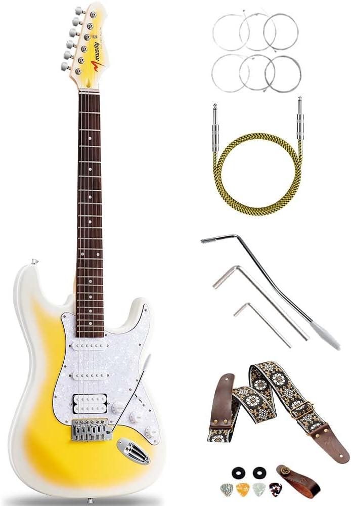 39in Electric Guitar Kit, Full Size Beginner Electric Guitar Starter Kit, Solid Body HSS Pickup with Guitar Strap, Cable, Picks, Strings (LemonBurst)