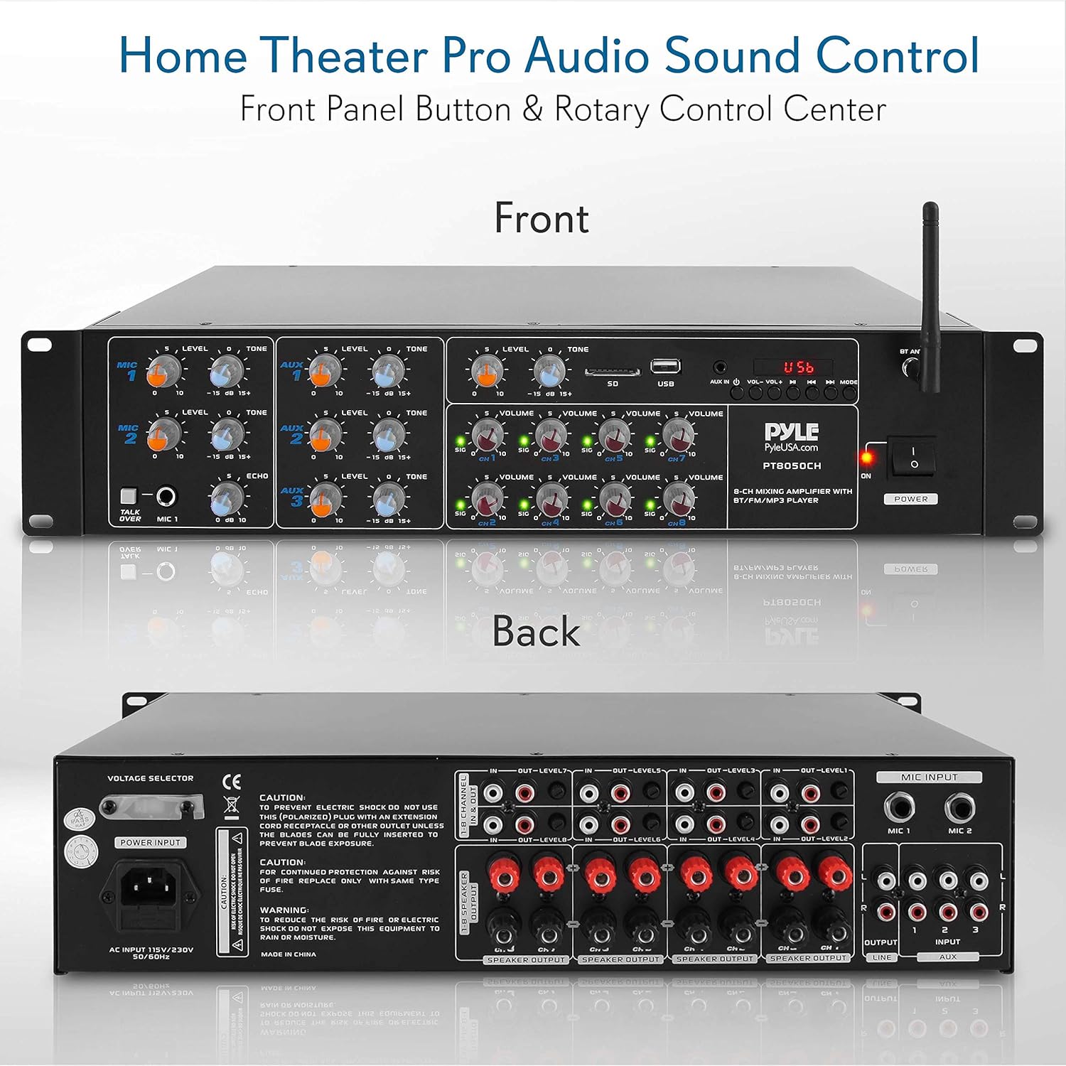 Pyle 8-Channel Wireless Bluetooth Power Amplifier - 4000W Rack Mount Multi Zone Sound Mixer Audio Home Stereo Receiver Box System w/ RCA, USB, AUX - For Speaker, PA, Theater, Studio/Stage - PT8050CH