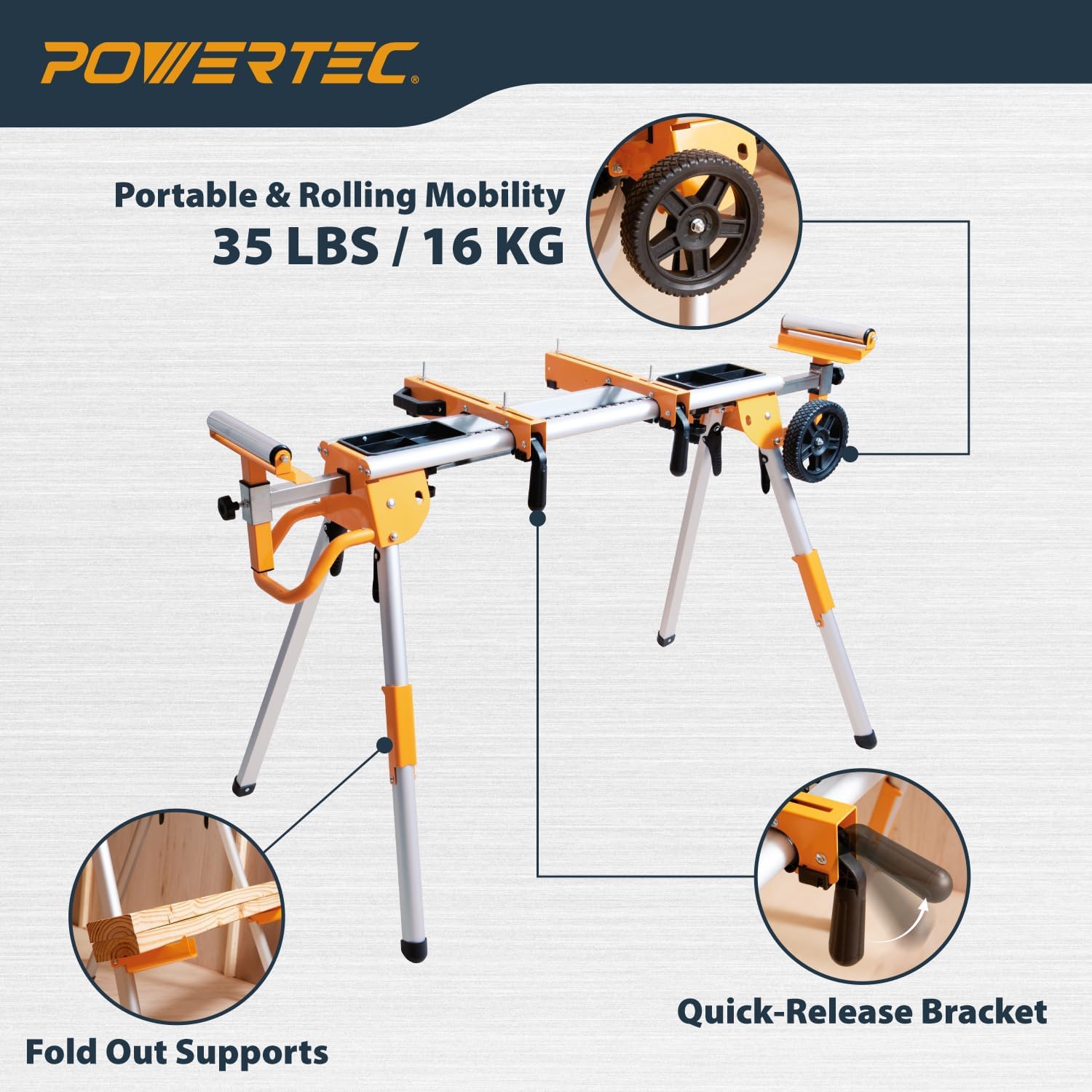POWERTEC Miter Saw Stand w/Wheels, Collapsible and Portable Tool Stand with Systematic Tool Storage Trays, 330Lbs Load Capacity and Quick-Release Mounting Brackets, Miter Saw Accessories (MT4008VNEW)
