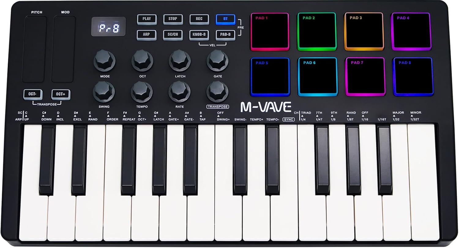 M-VAVE 25 Keys 8 Backlit Drum Pads MIDI Keyboard – Professional Beat Maker and Keytar for Keyboard Music Production Builtin Battery Wireless Connect Black