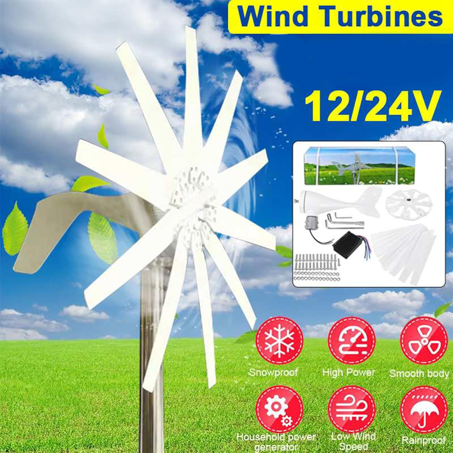 8000W 12V/24V Noiseless Wind Generator Turbines Kit, 10 Blades Generator Power Turbines Kit for Hybrid Solar Wind System(48V,White)