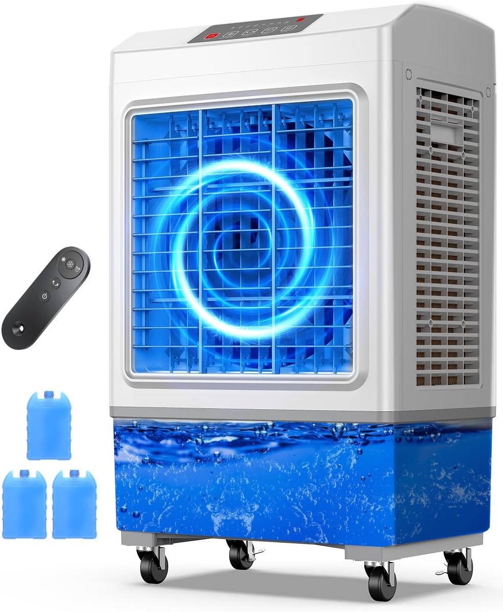Large Swamp Cooler Air Conditioner, 2200CFM Evaporative Air Cooler, 7H Timer & 8 Gal Water Tank, 100°Oscillation, 3 Speeds & 3 Ice Boxes,Remote, Portable Air Conditioner for Garage, Large