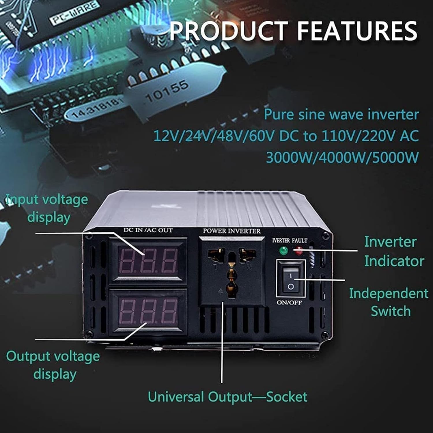 Power Inverter Pure Sine Wave Inveter 3000W 4000W 5000W 12V/24V/48V/60V DC to 110V/220V AC Car Inverter Outlets with eUSB Port Two Cooling Fans Suitable for Cars Camping 3000W-12Vto110V (12vto110v 40(