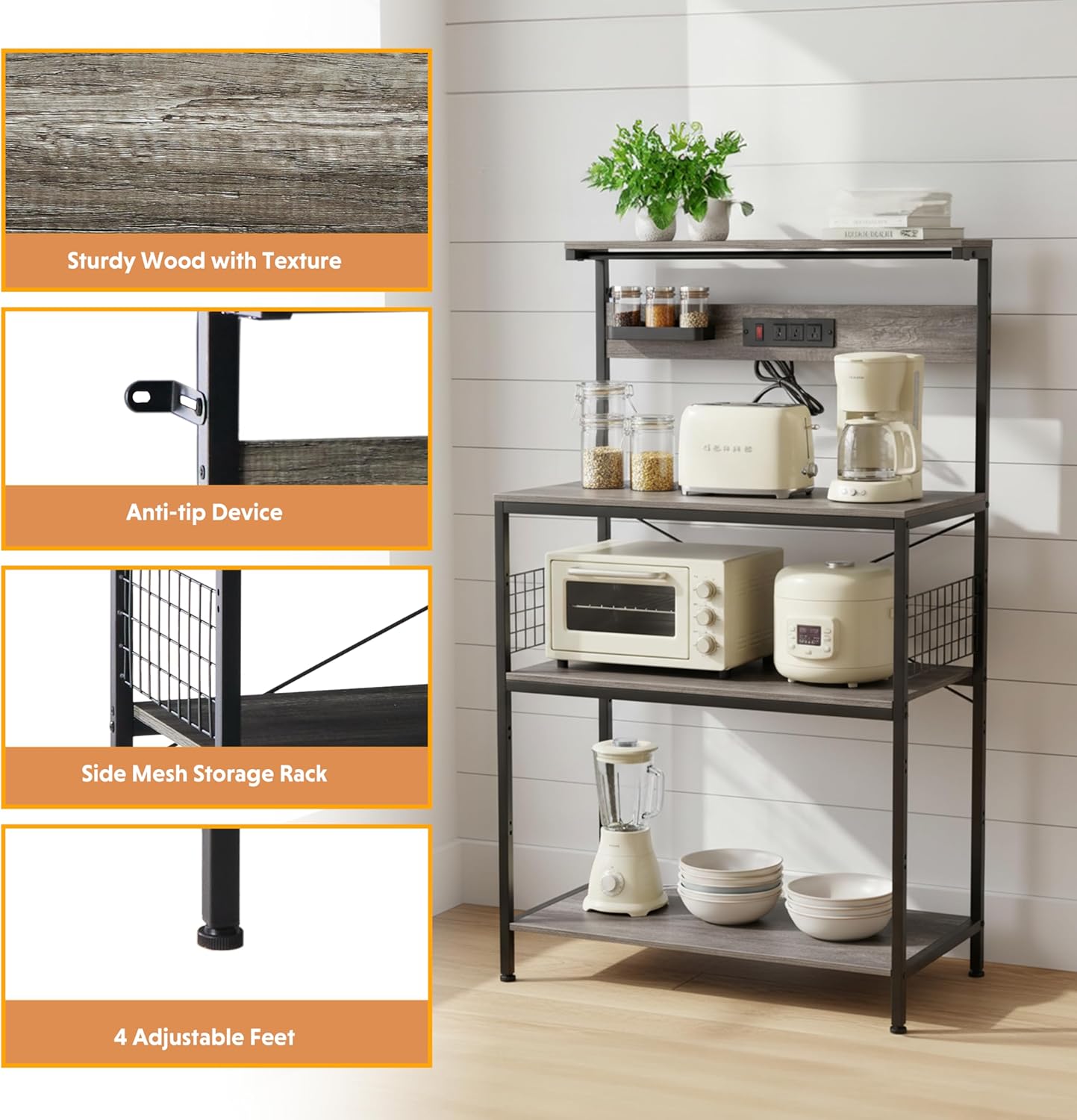 Simple Deluxe Kitchen Bakers Rack with Power Outlet, Coffee Bar Accessories Table, 4-Tier Adjustable Storage Shelf for Spices, Freestanding Appliance Organizer, 31.5 Inch, Gray