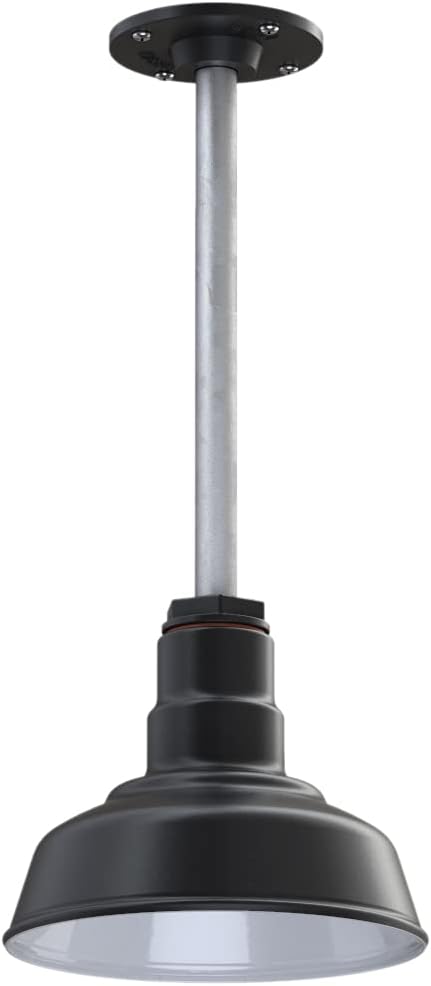 Steel Lighting Co. Inglewood Barn Light | Ceiling Mounted Light | 8 inch Round Dome | 12 inch Stem | Modern Farmhouse Style Pendant Made in America | Matte Black Exterior/White Interior