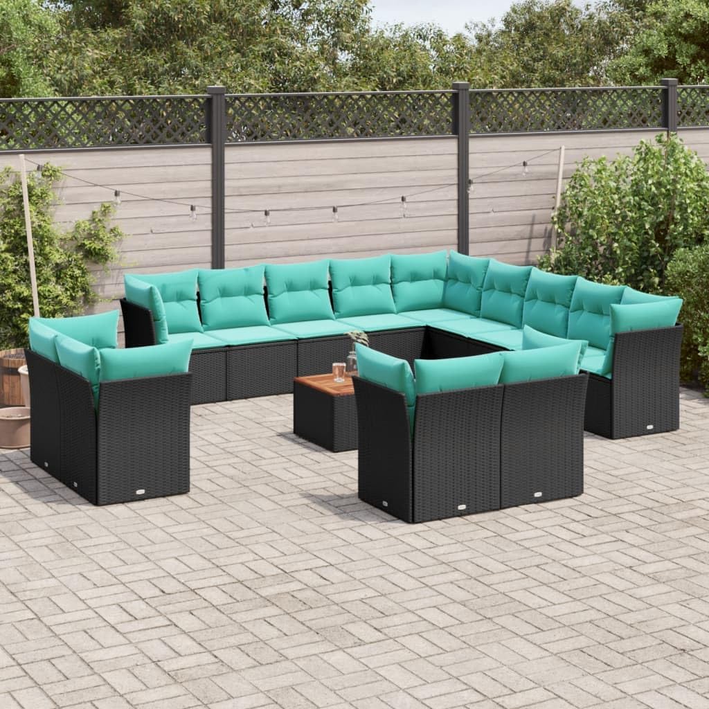 14 Piece Patio Sofa Set with Cushions, Black Poly Rattan Outdoor Furniture, Modular Design for Backyard, Terrace, Balcony