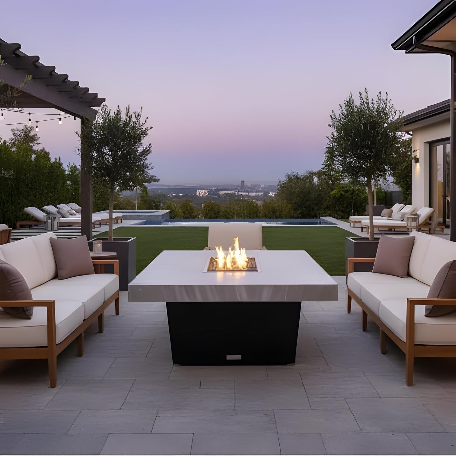 COOKE Palisades Rectangular Fire Pit Table - 52x36 - Chat Height - Natural Gas - Brushed Aluminum Top with 6cm Edge - Black Powdercoat Base