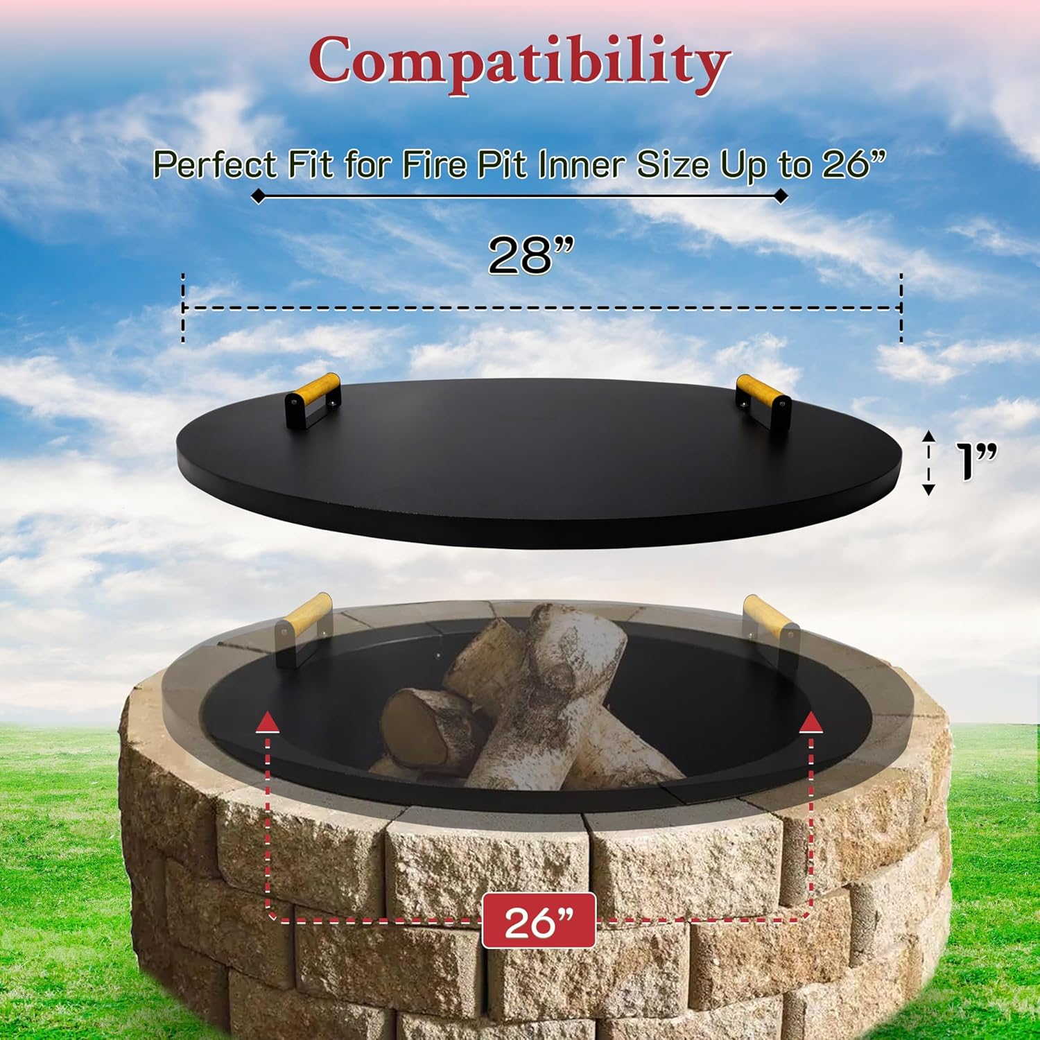 28” firepit lid round for inside up to 26” gas fire pit lid for Outdoor Fireplace Cover - Steel fire pit metal cover W/ 2 Wooden Handles & Powder Coated Snuffer Lid for Round Patio FirePit Ring