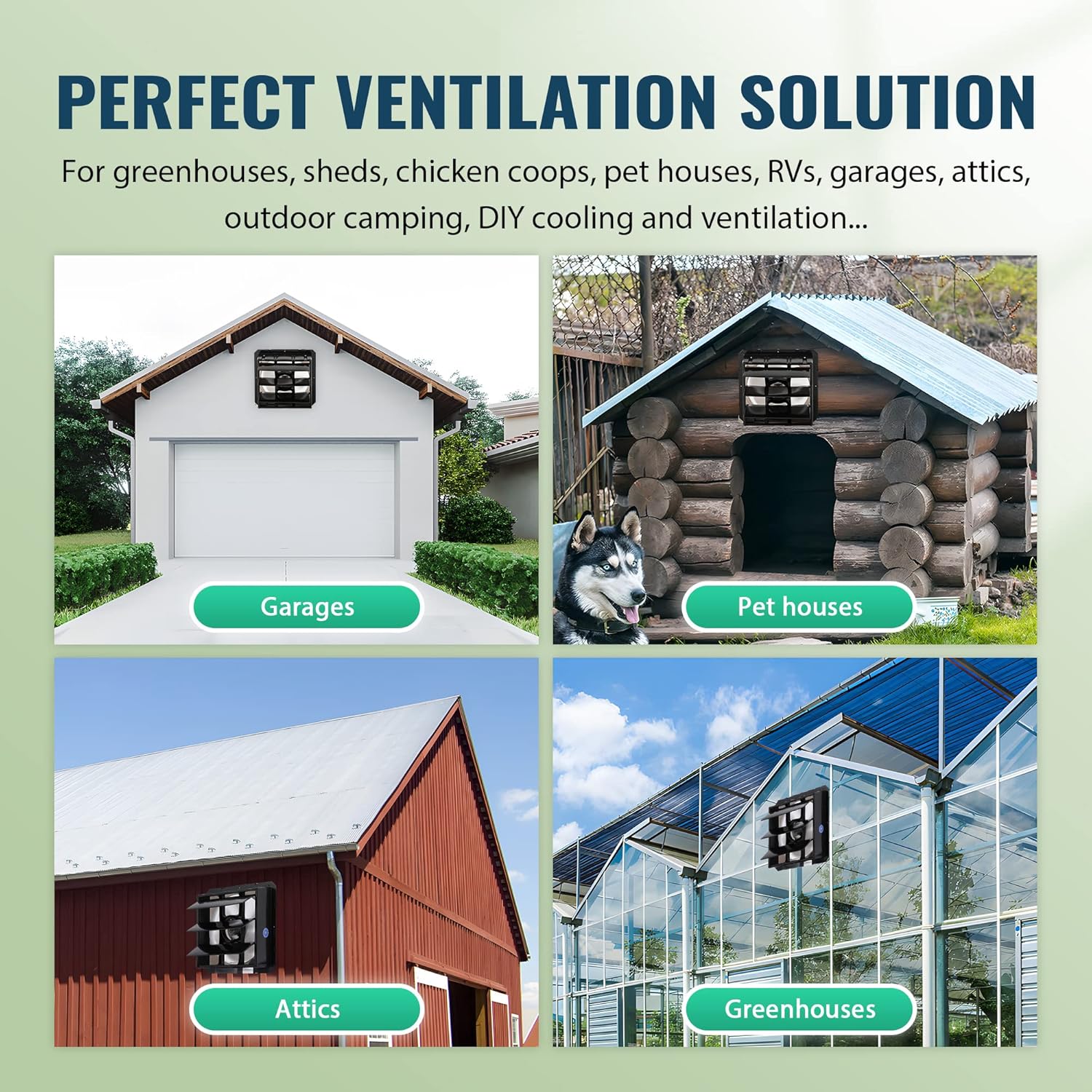 Solar Powered Exhaust Fan Kit, 30W Solar Panel + 10'' High-airflow Shutter Exhaust Fan, Ventilation Solution for Greenhouse, Sheds, Chicken Coops, Pet Houses, RVs, Garages, Attics