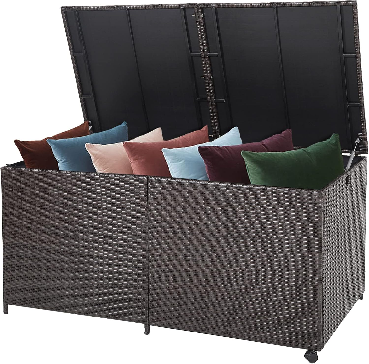 Tangkula 175 Gallon Outdoor Storage Box, Wicker Patio Deck Box with 2 Universal Wheels and Waterproof Zippered Liner, Outdoor Storage Container for Cushions, and Garden Tools