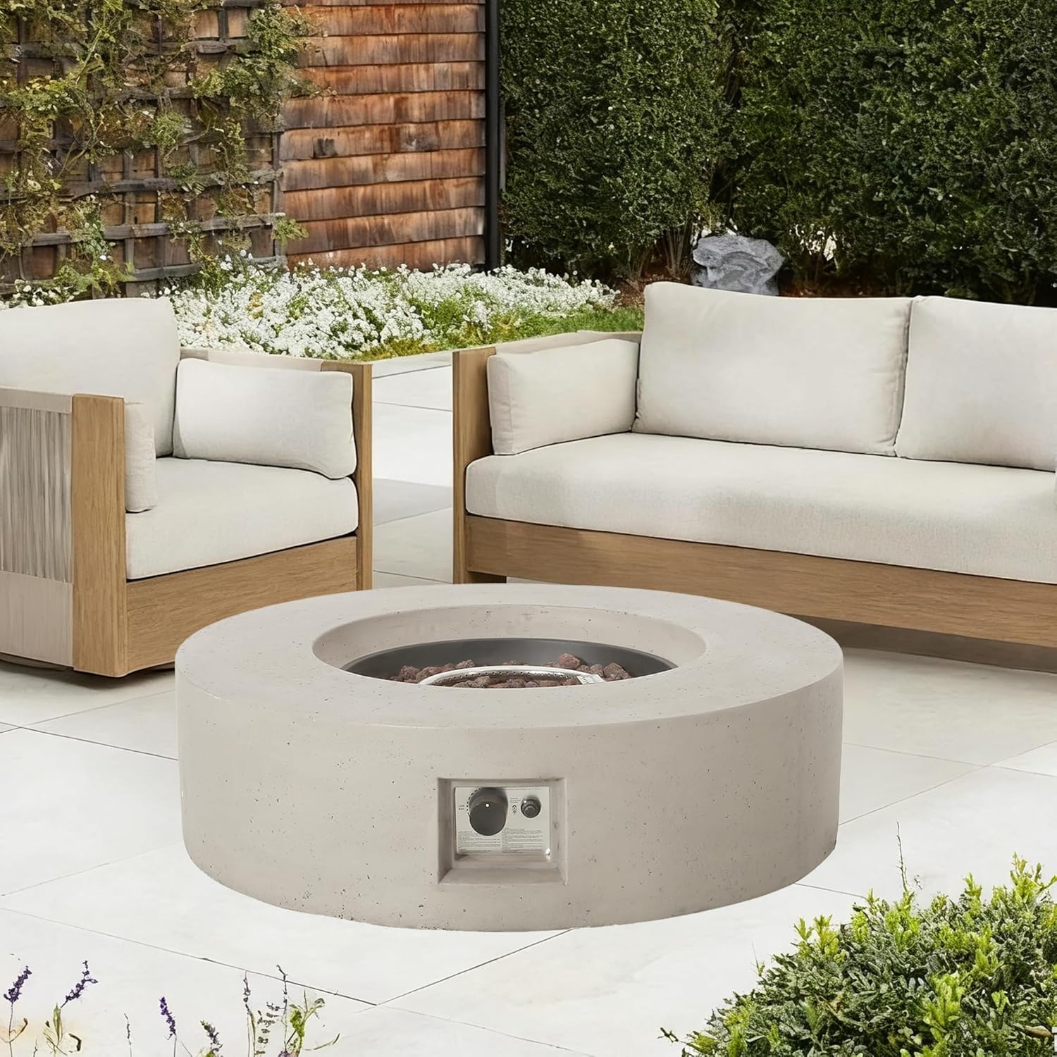 Outdoor 39 Inch Propane Fire Pit Table, 50,000 BTU Concrete Patio Fire Pit with Lava Rocks, Round Gas Fire Table for Party on Patio, Garden, Yard