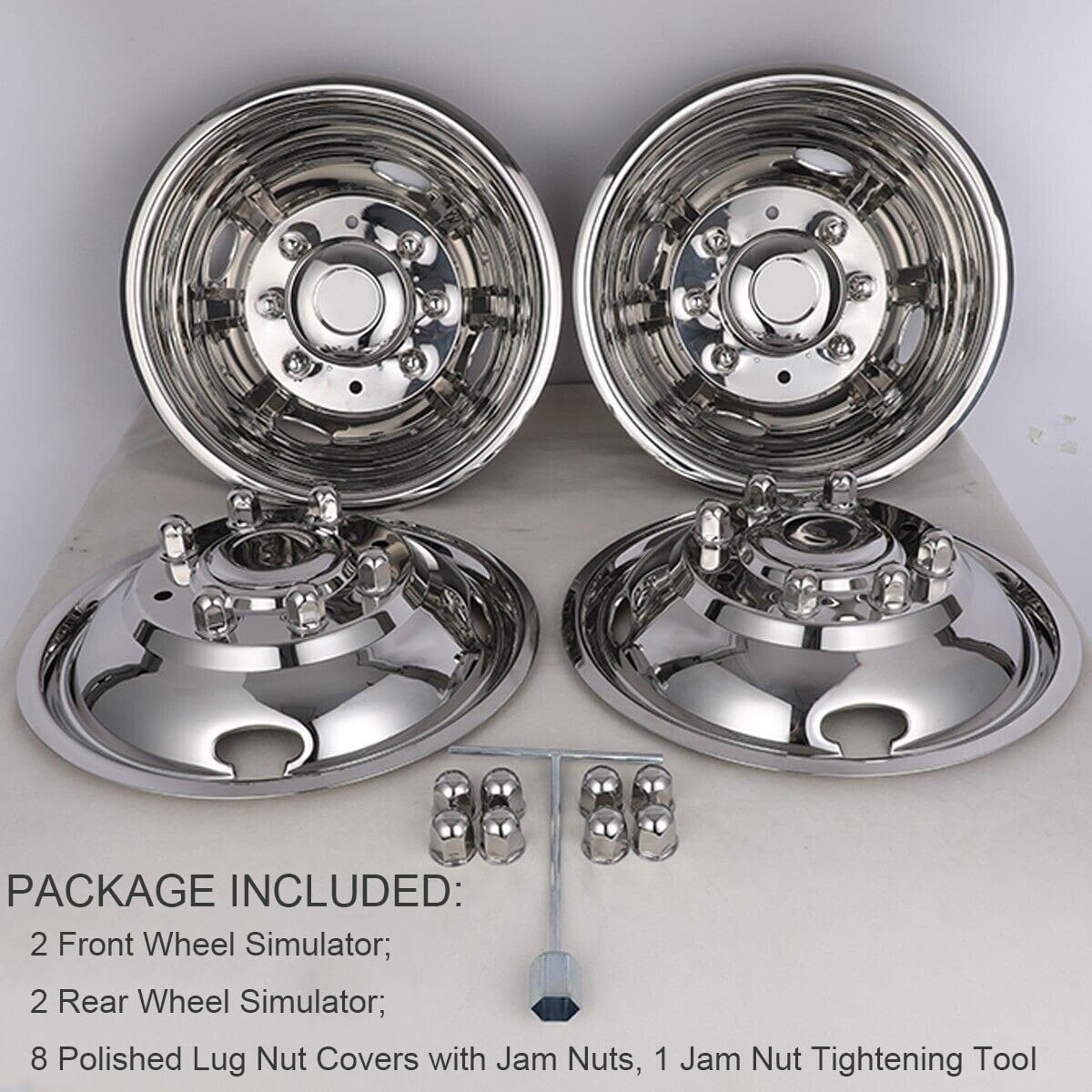 4pcs 17 inches Polished Dually Wheel Simulators, Bolt On 304L Stainless Steel Wheel Cover, Screw on 8 Lug 4 Hand Hole Hubcaps Fit for 2005-2024 Ford F350 2WD/4WD w/Tool Kit 708A