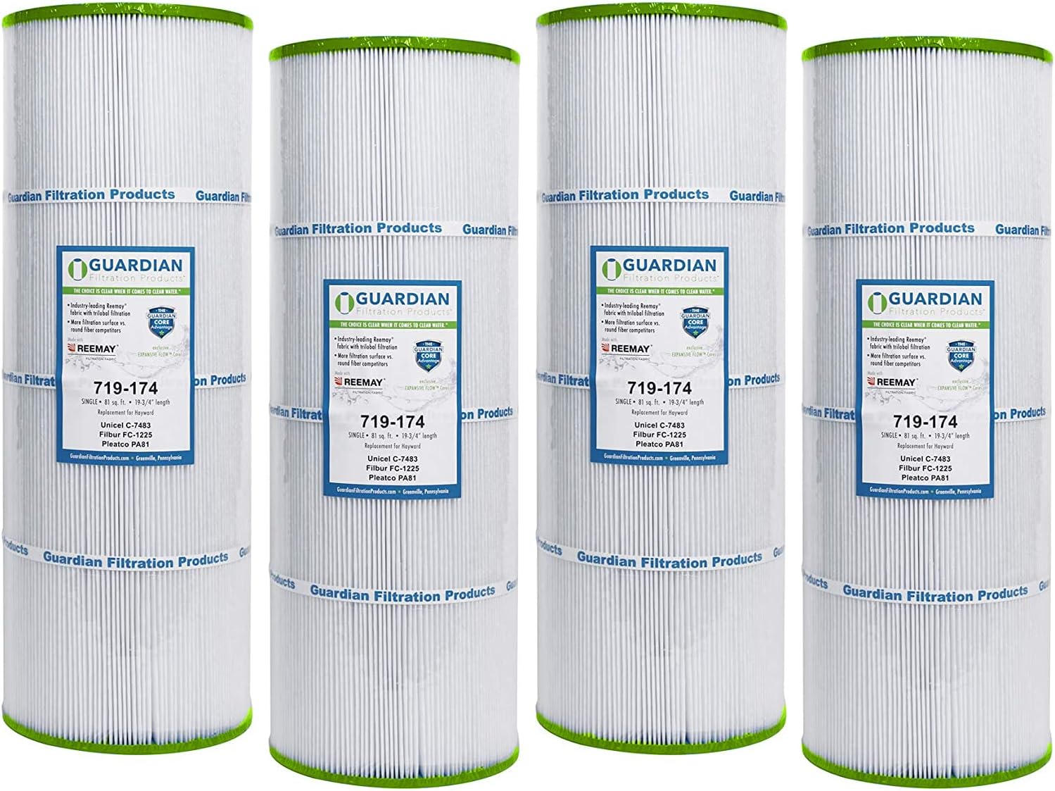 Guardian Filtration Products Pool Filter Cartridge 719-174-04 Four-Pack Replacement for Pleatco PA81, Unicel C-7483, Filbur FC-1225, Hayward SwimClear C-3020, C-570, C3025, CX580XRE